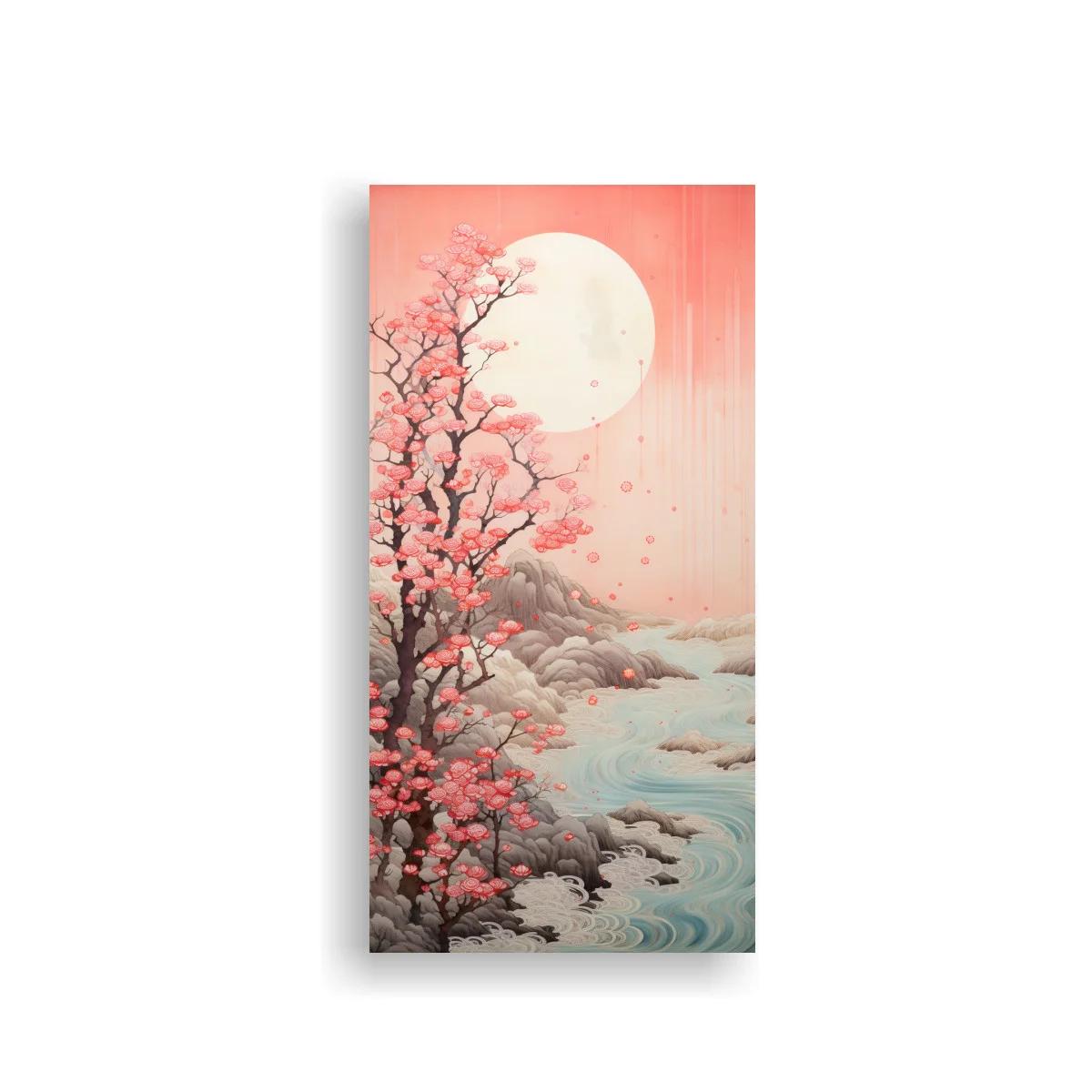 Cuadro cerezo en flor con luna llena y río sereno
