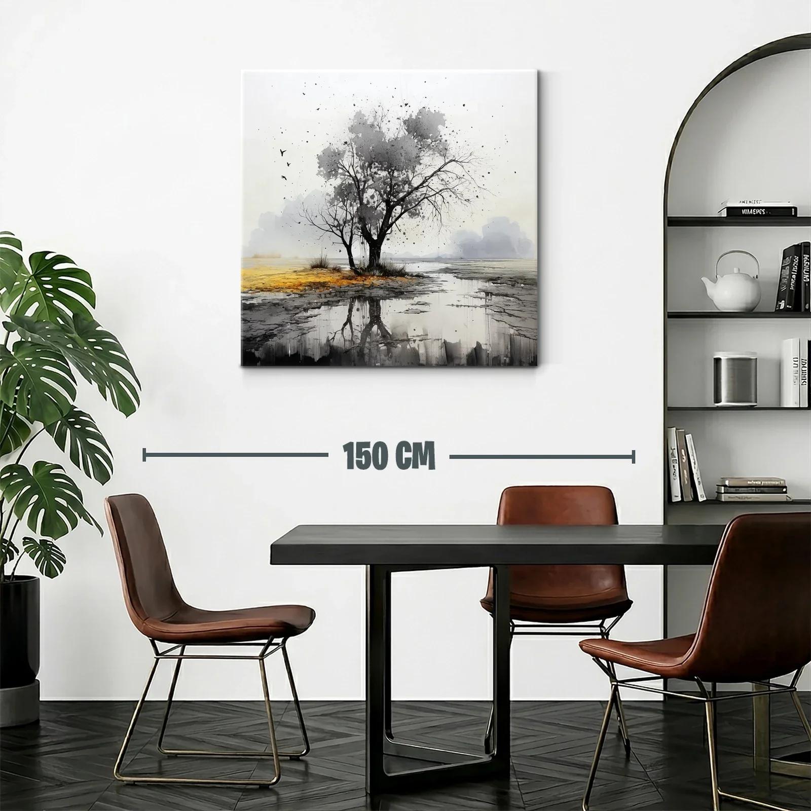 Paisaje sereno con árbol y reflejo en tonos neutros — miniatura 2