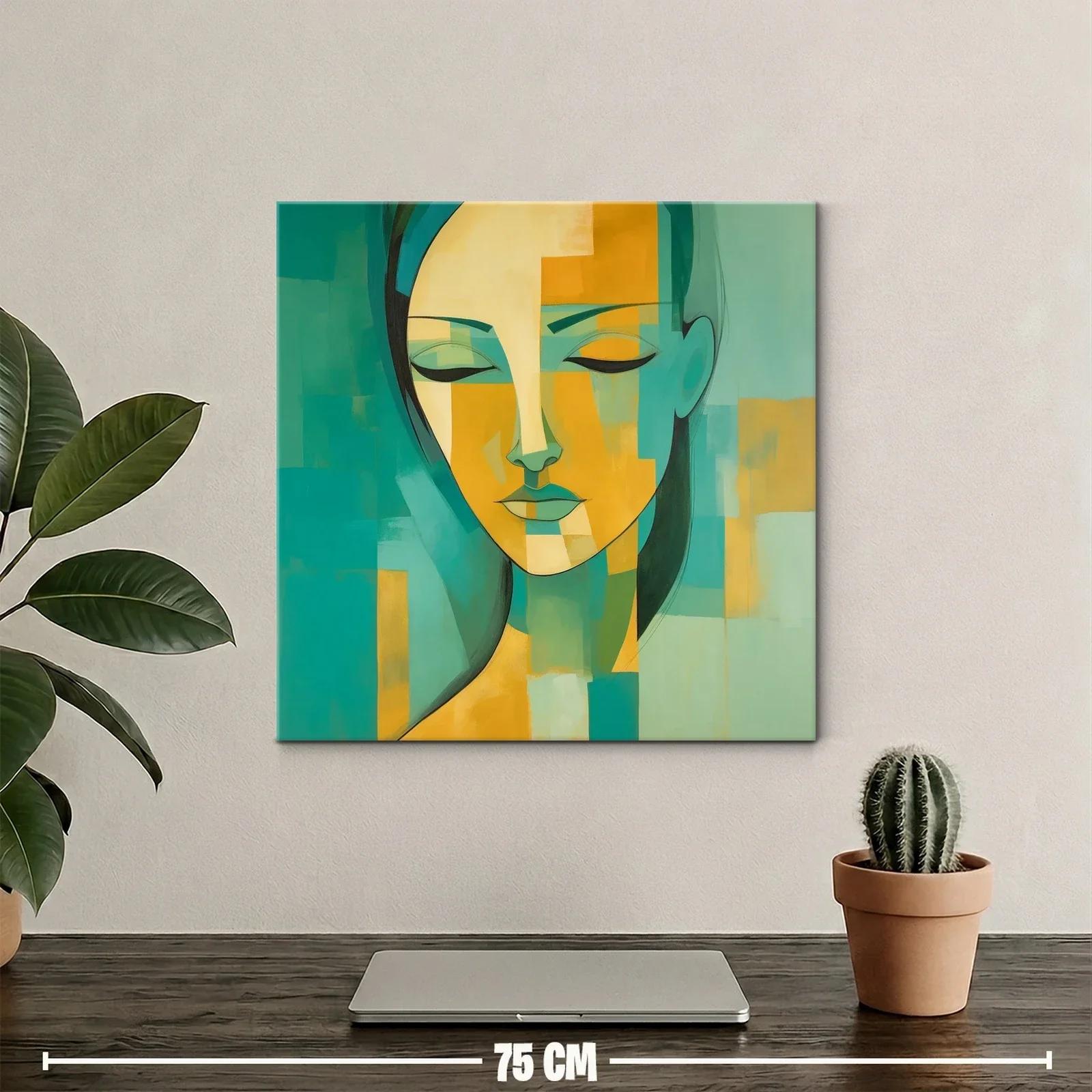 Cuadro abstracto rostro femenino en tonos verdes y amarillos — miniatura 2