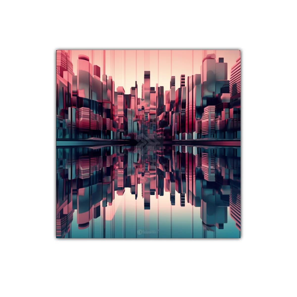 Ciudad futurista reflejada en tonos rosa y azul oscuro — imagen principal