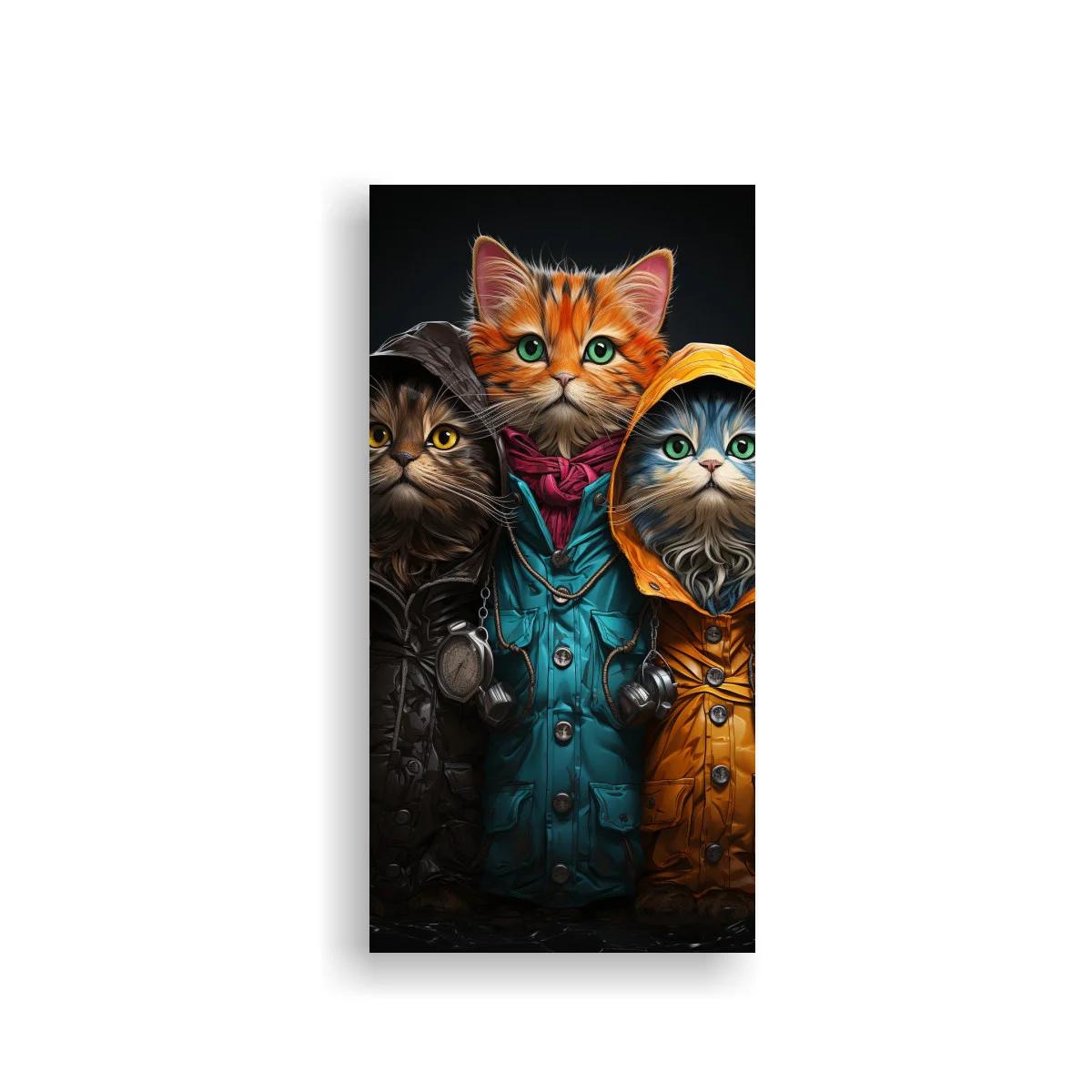 Cuadro tres gatos con impermeables de colores