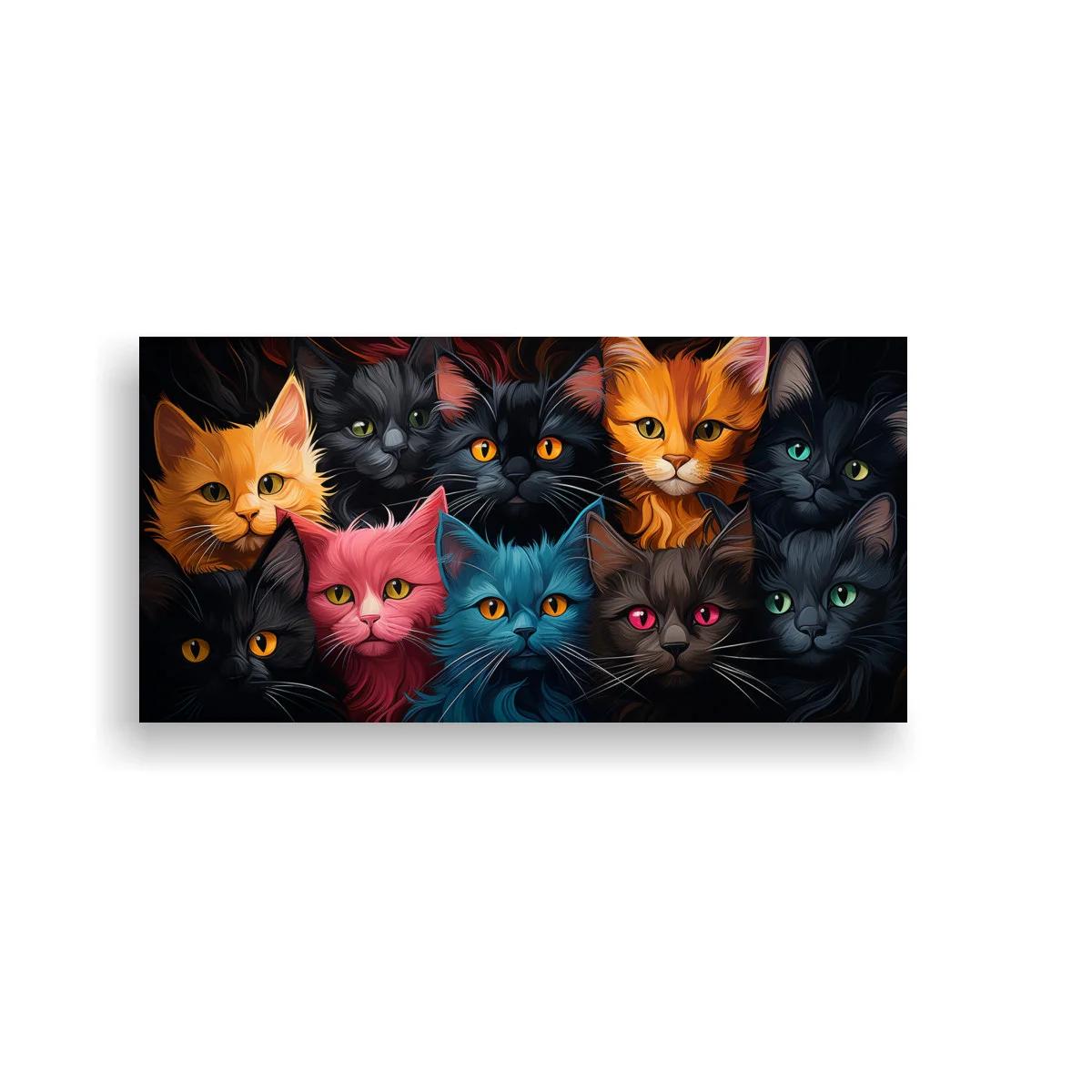 Cuadro grupo de gatos coloridos sobre fondo oscuro — imagen principal