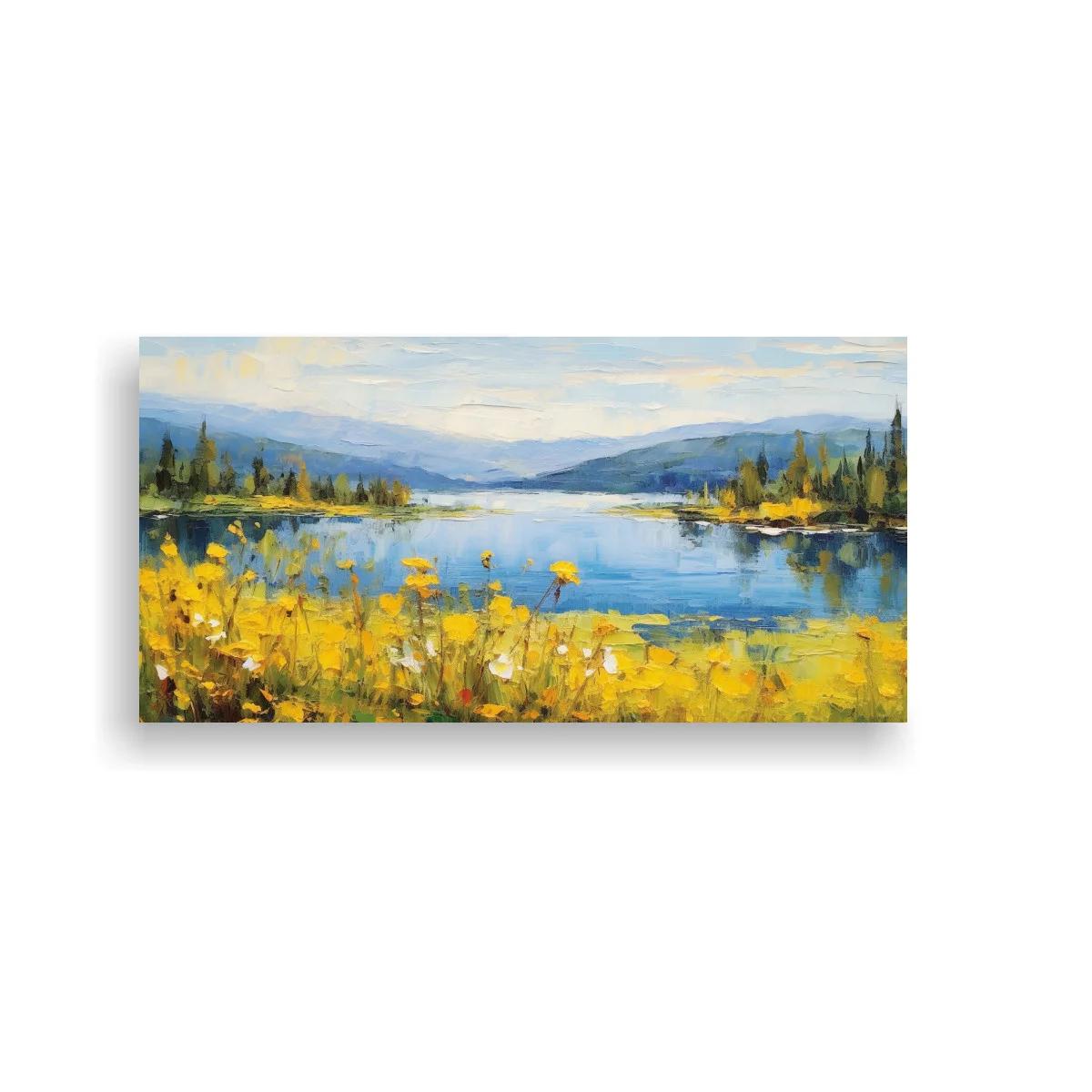 Cuadro lago con flores amarillas y montañas suaves