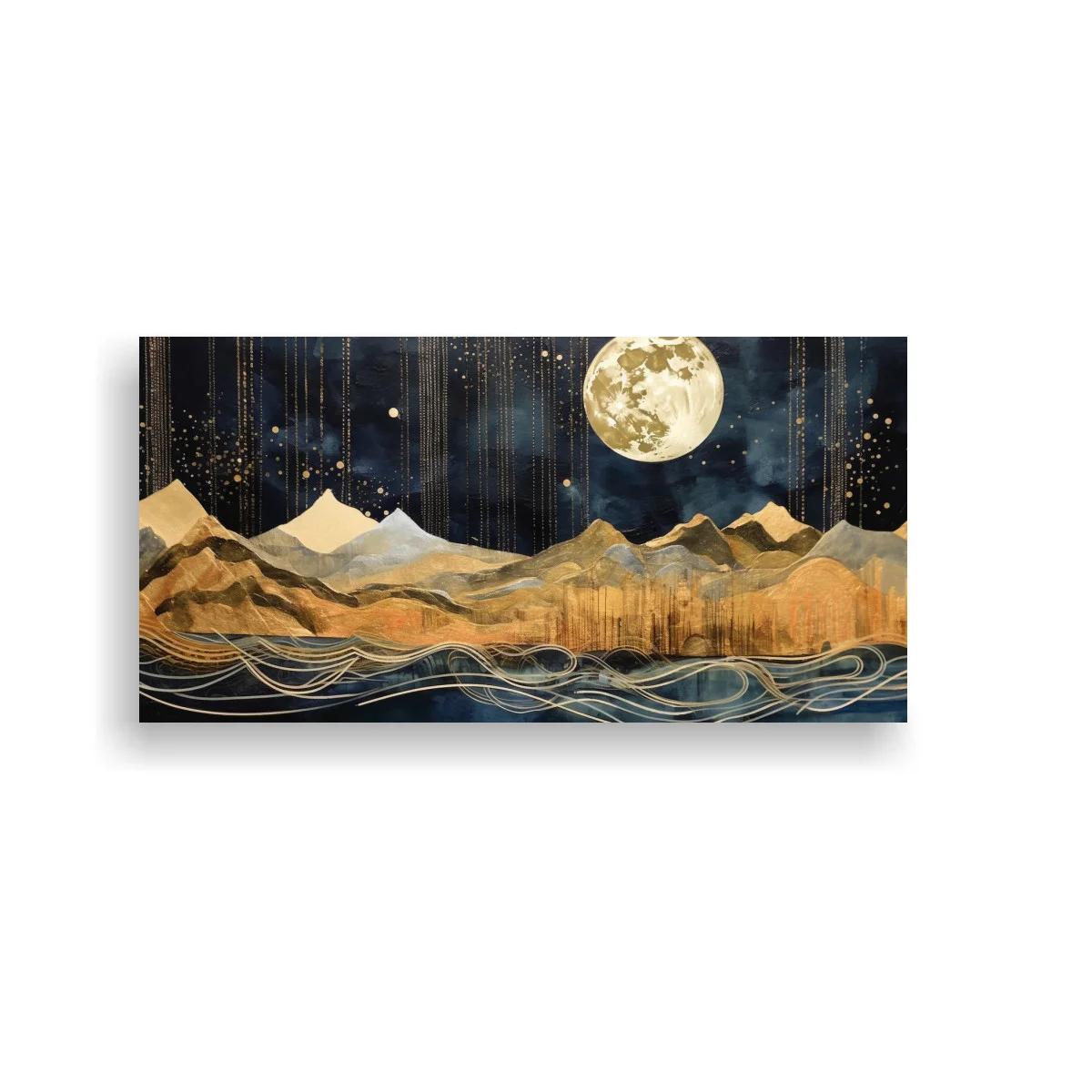 Cuadro paisaje montañoso con luna llena y líneas fluidas doradas — imagen principal