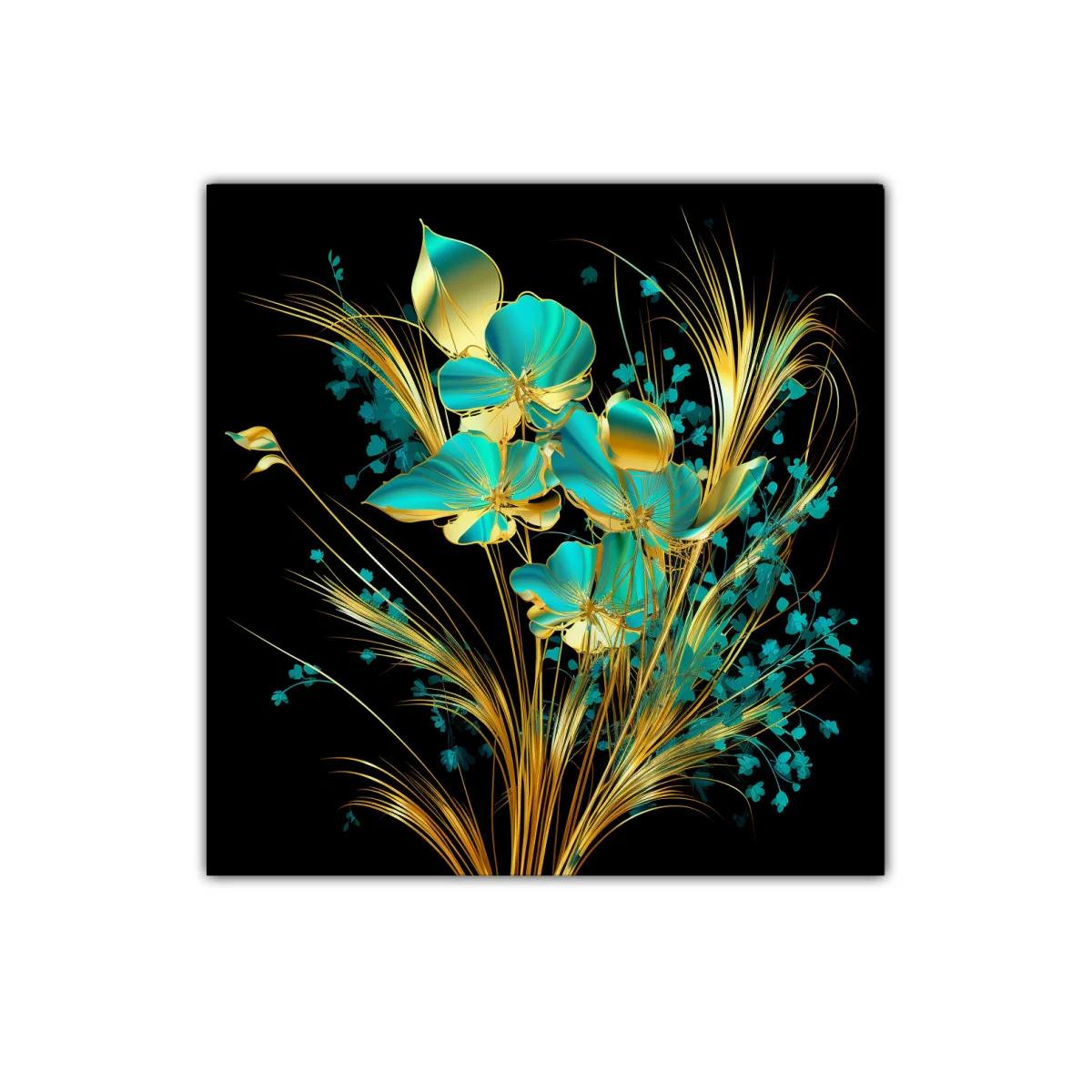 Flores doradas y turquesas sobre fondo oscuro elegante