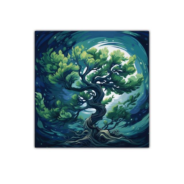 Cuadro Árbol Místico Bajo Luna Llena en Tonos Azules