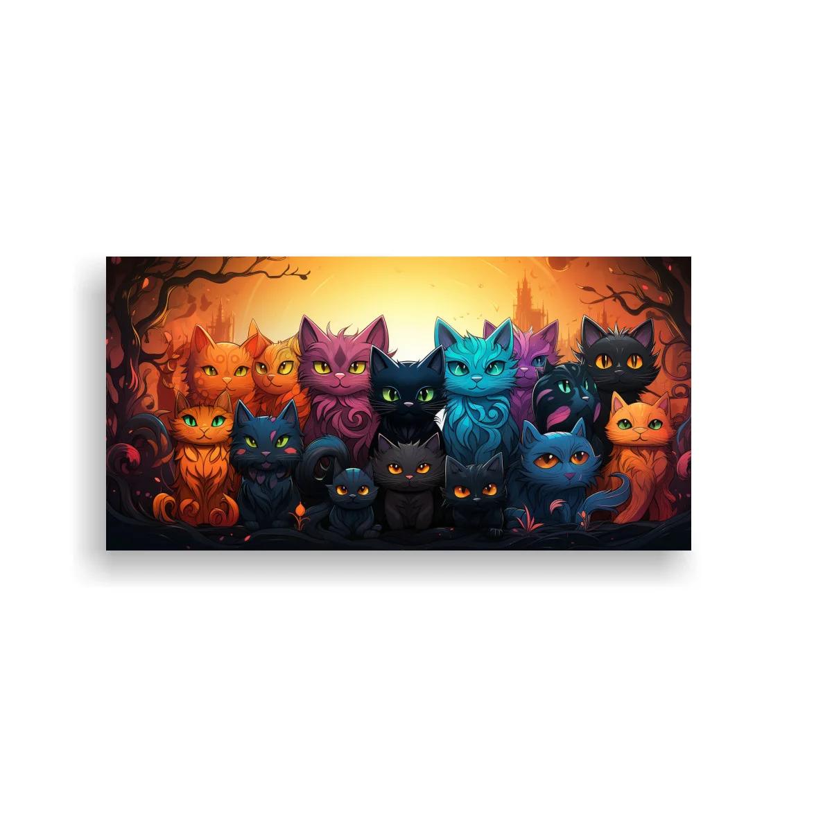 Cuadro grupo de gatos de colores enmarcados por ramas oscuras