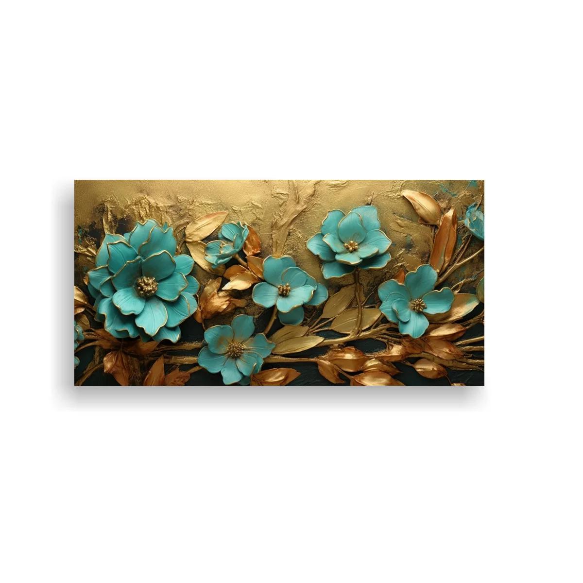 Cuadro flores azules con hojas doradas — imagen principal