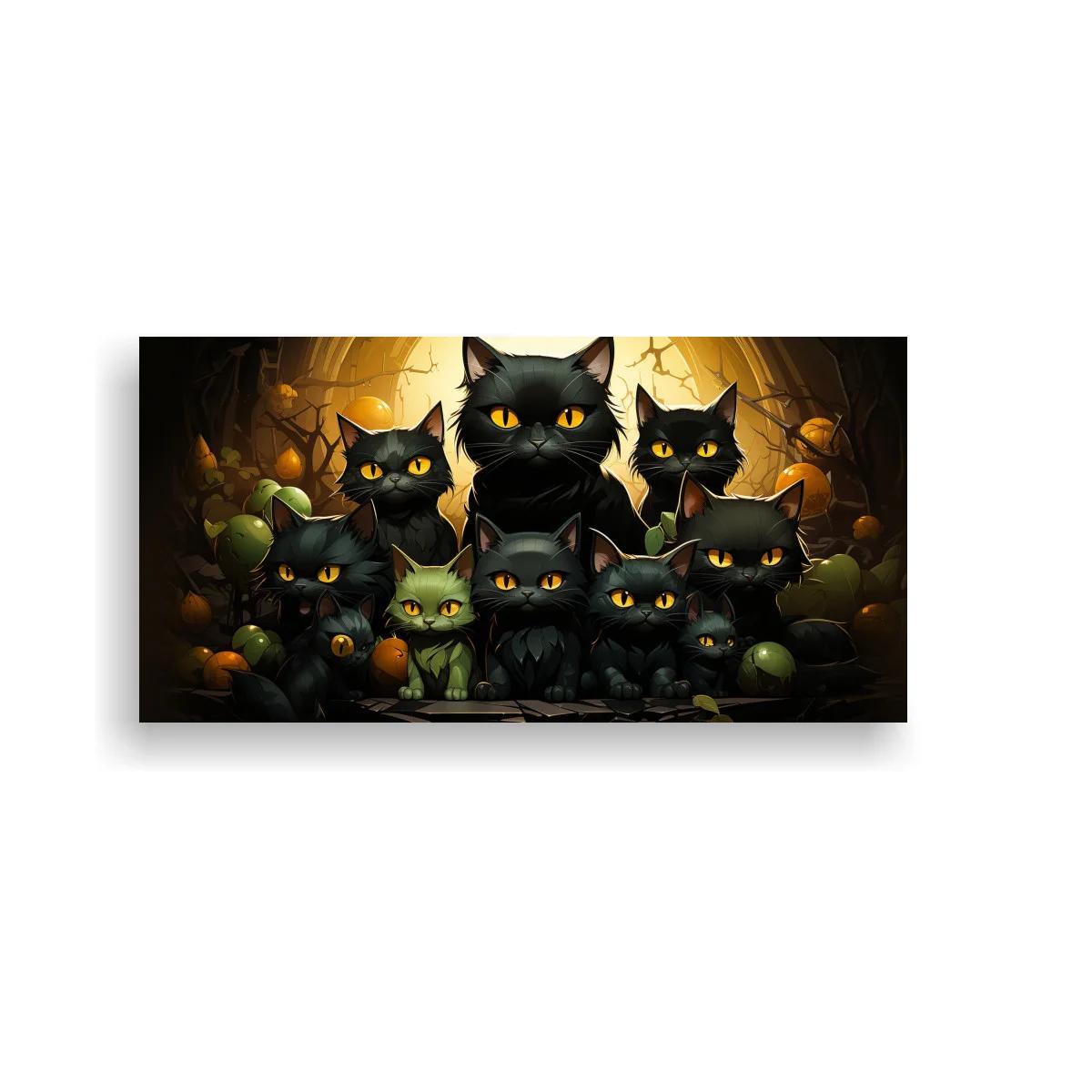 Cuadro grupo de gatos negros con ojos amarillos