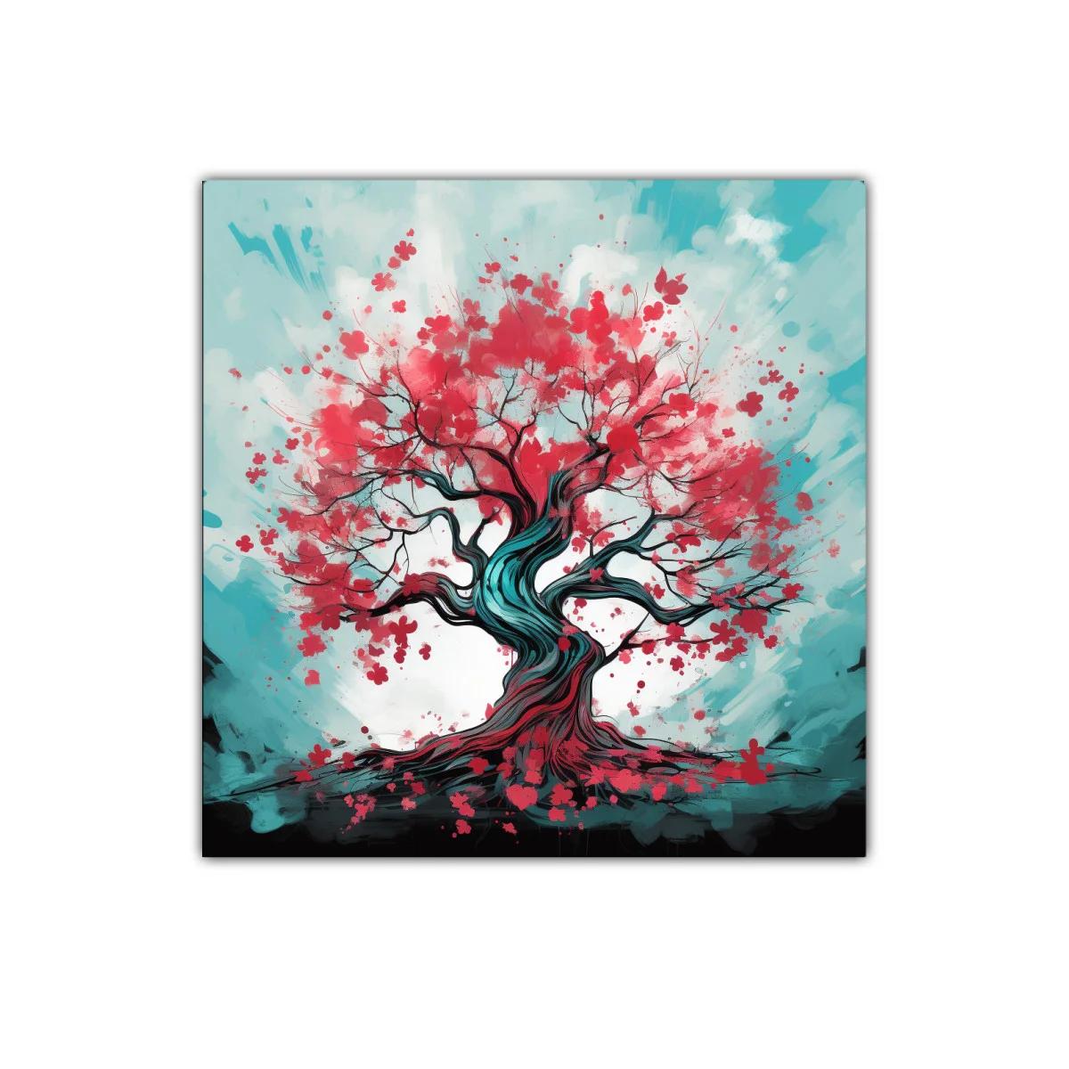 Árbol en flor con vibrantes tonos rojos y azules