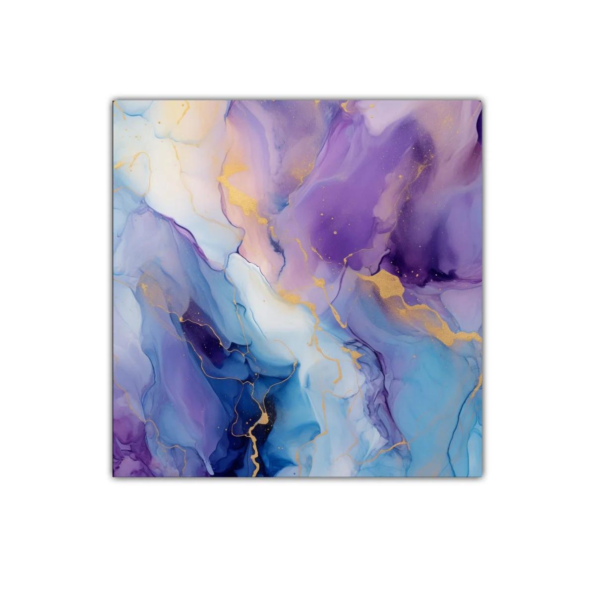 Cuadro abstracto en tonos azul y violeta con detalles dorados