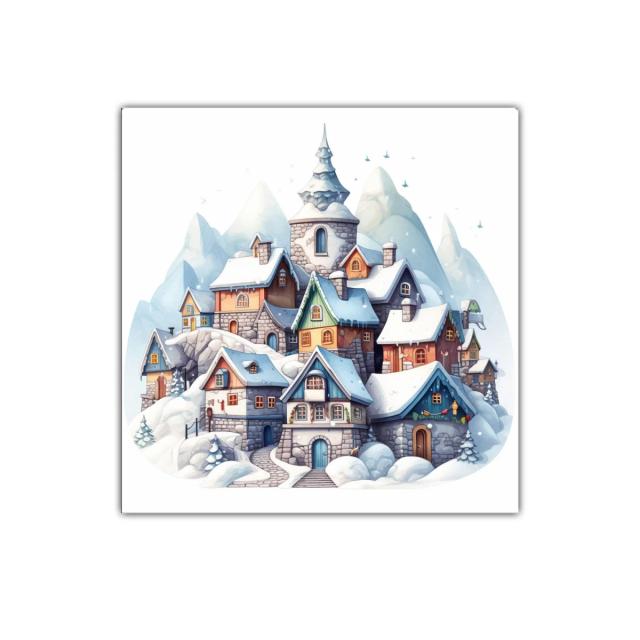 Pueblo nevado con encanto en tonos pastel y azulados