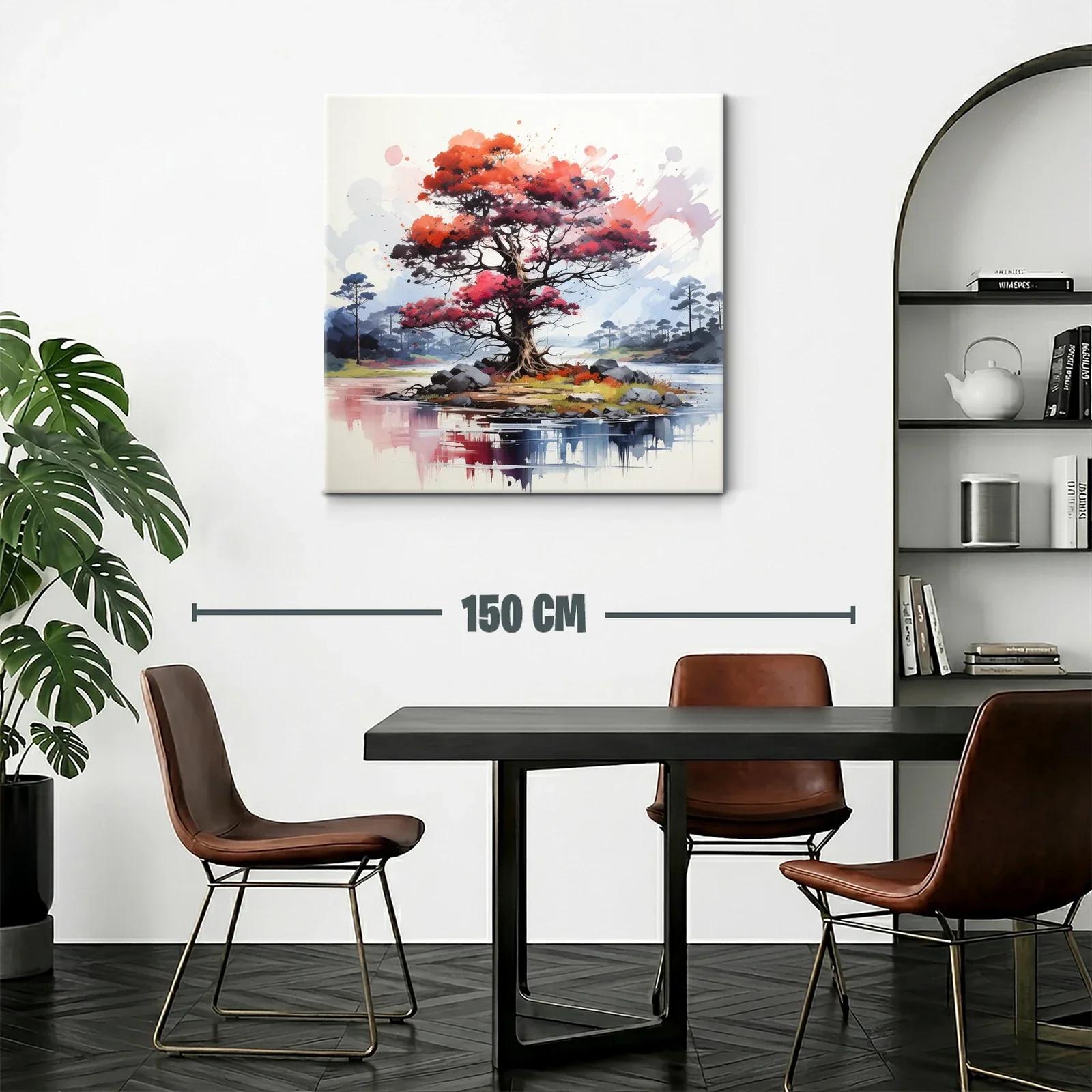 Árbol rojo vibrante en isla serena con reflejos de agua — miniatura 2