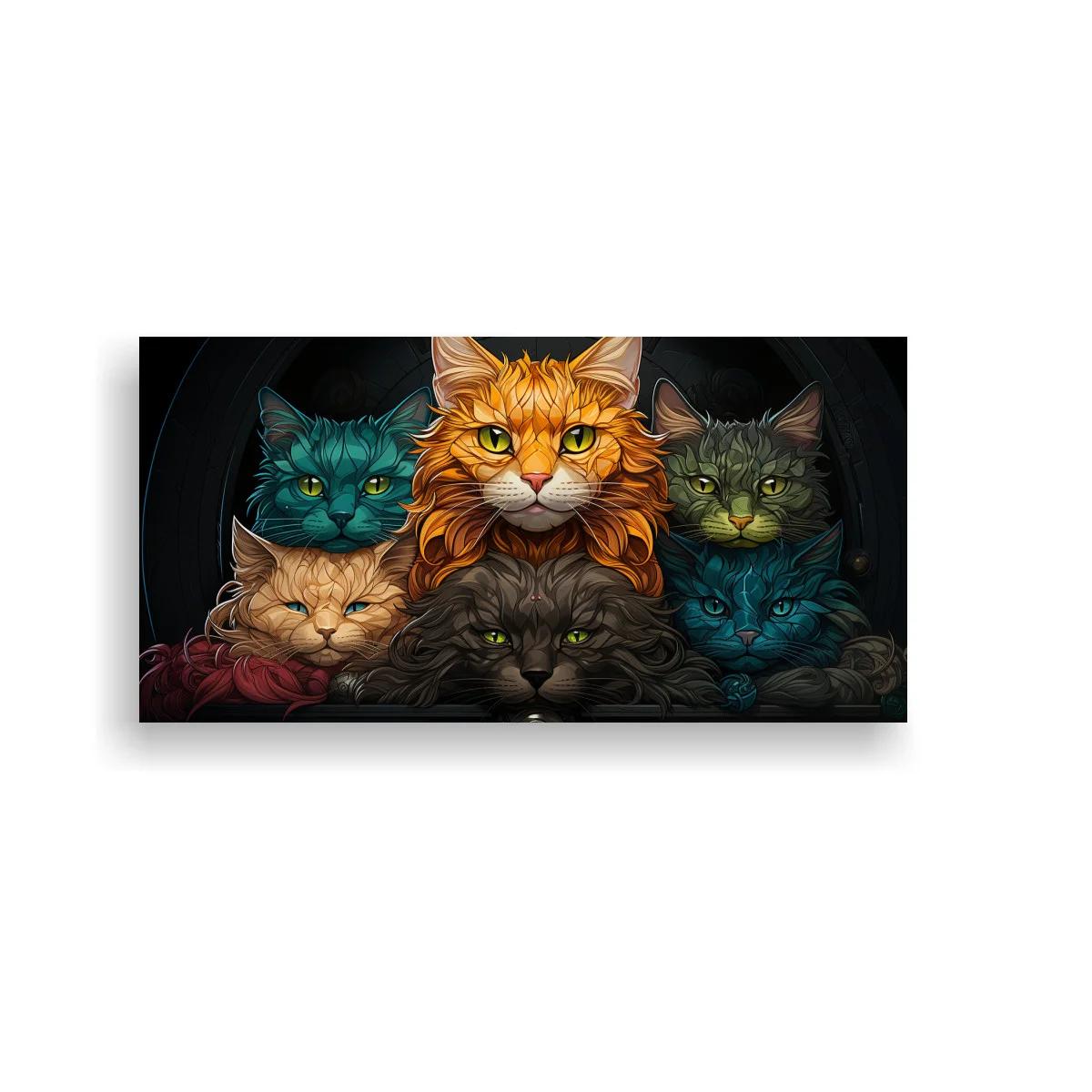 Cuadro grupo de gatos de colores con formas circulares tenues