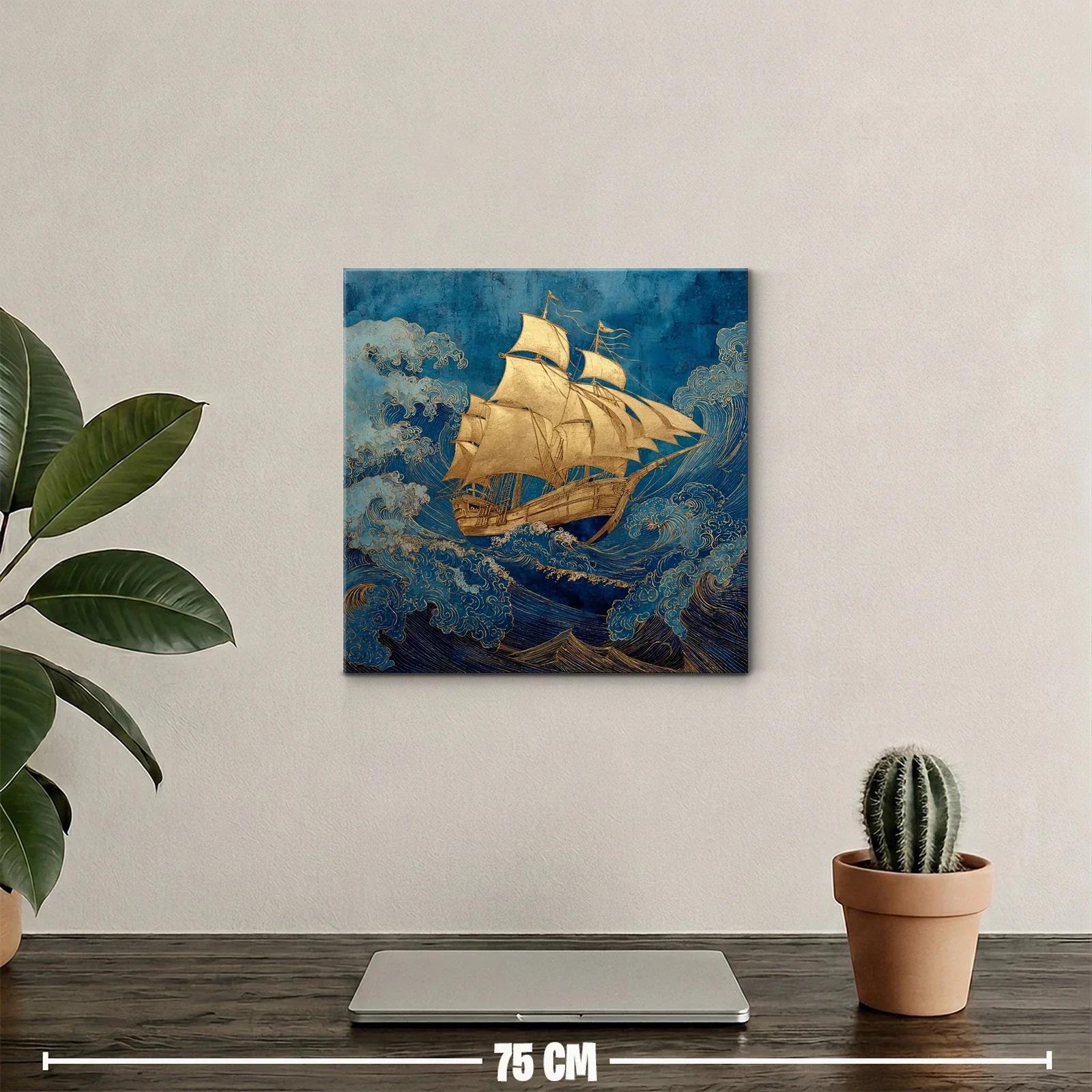 Barco dorado navegando entre olas en tonos azules — miniatura 2