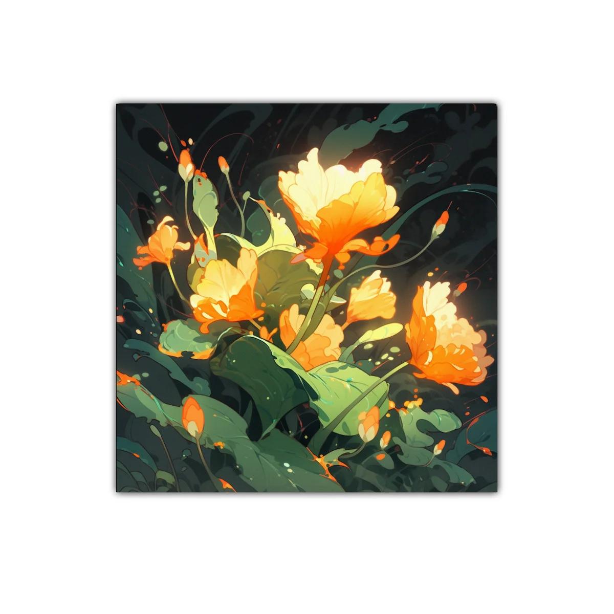 Cuadro decorativo flores luminiscentes en tonos cálidos