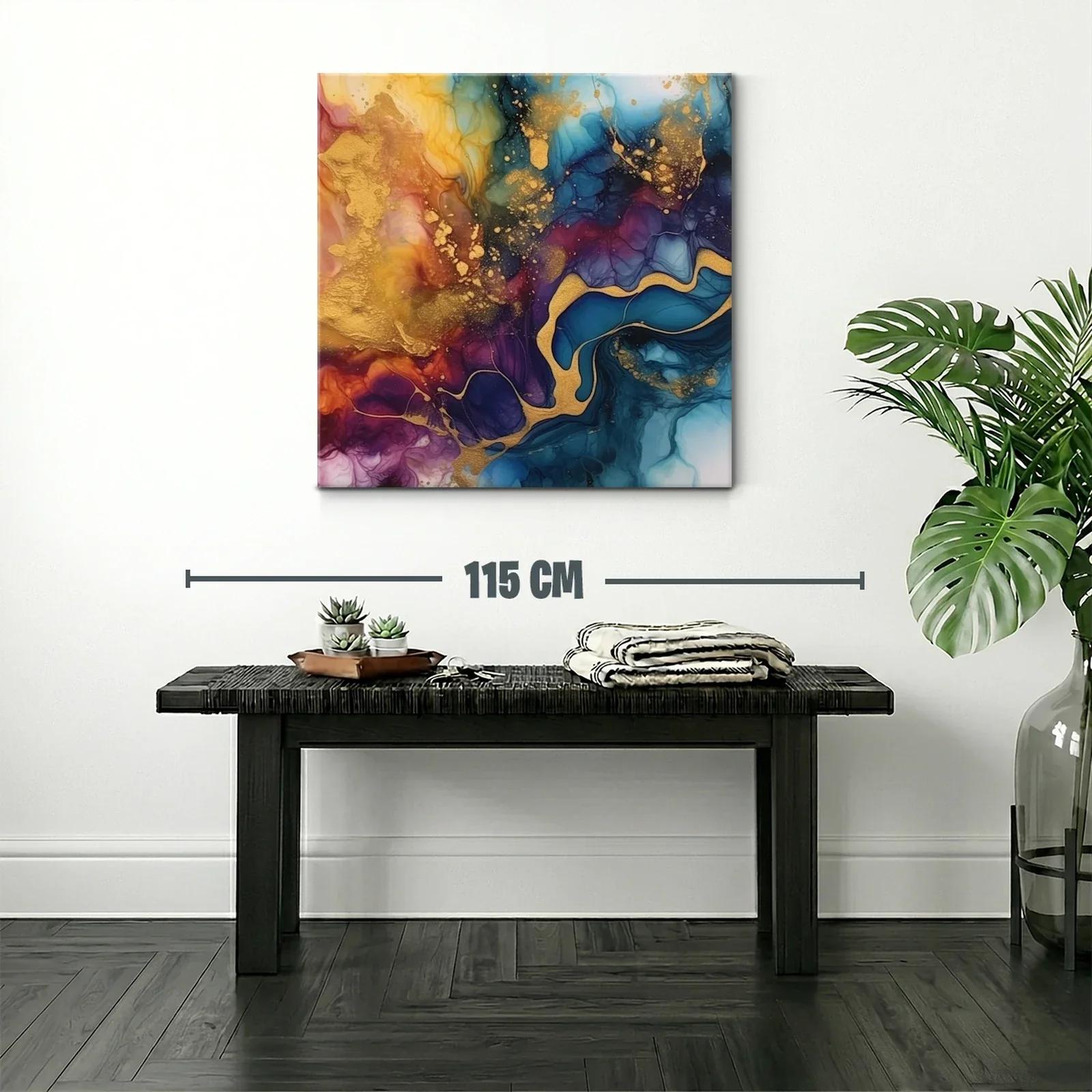 Cuadro abstracto con tonos dorados y azulados vibrantes — miniatura 2