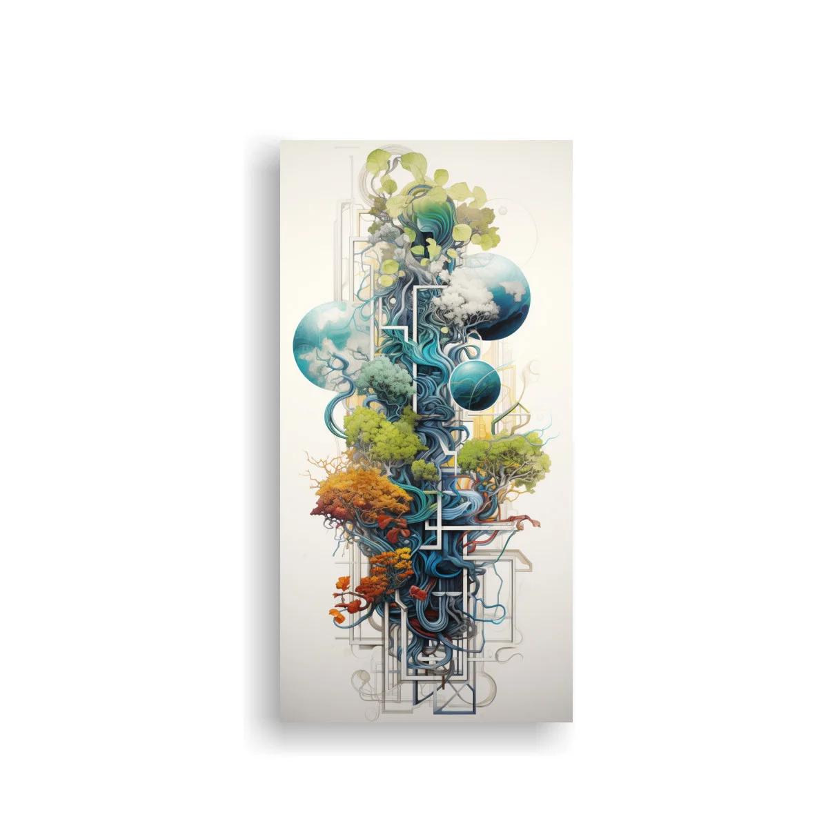Cuadro árbol de la vida con nubes y líneas geométricas