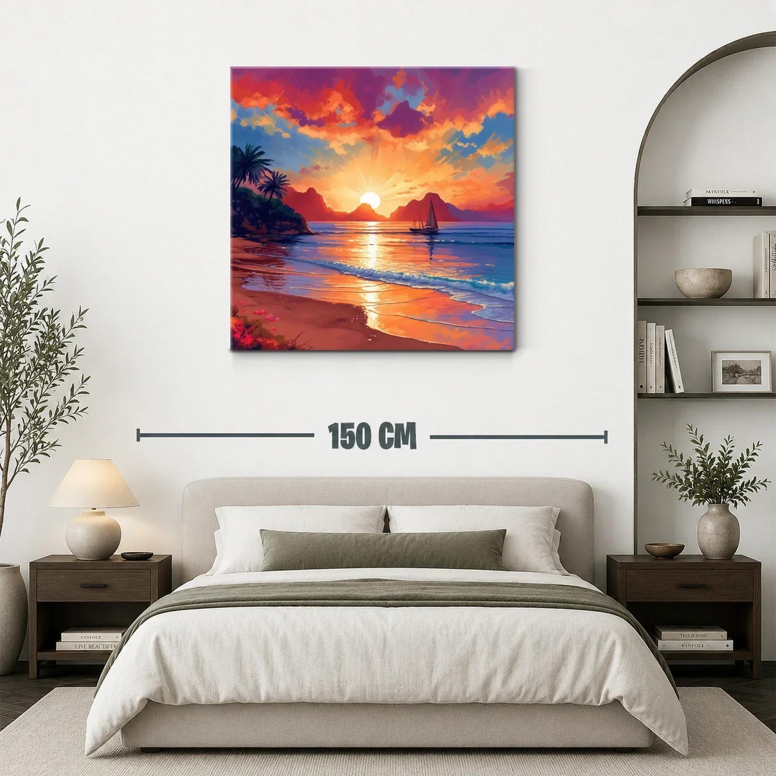 Atardecer vibrante con velero en la playa tranquila — miniatura 3