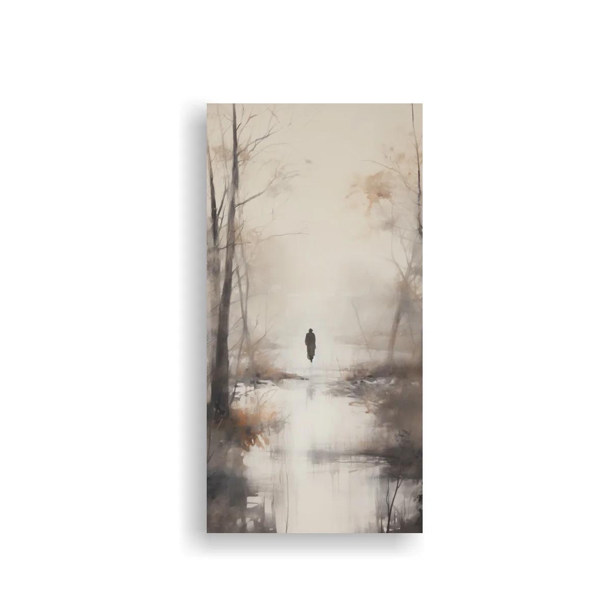 Cuadro figura solitaria en humedal entre niebla y reflejos suaves — imagen principal