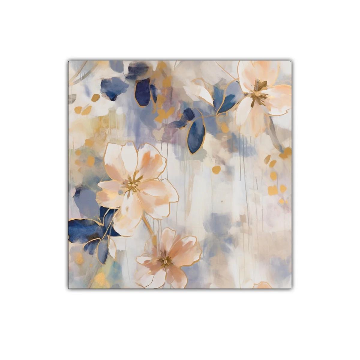 Cuadro con flores suaves y tonos azules y dorados — imagen principal
