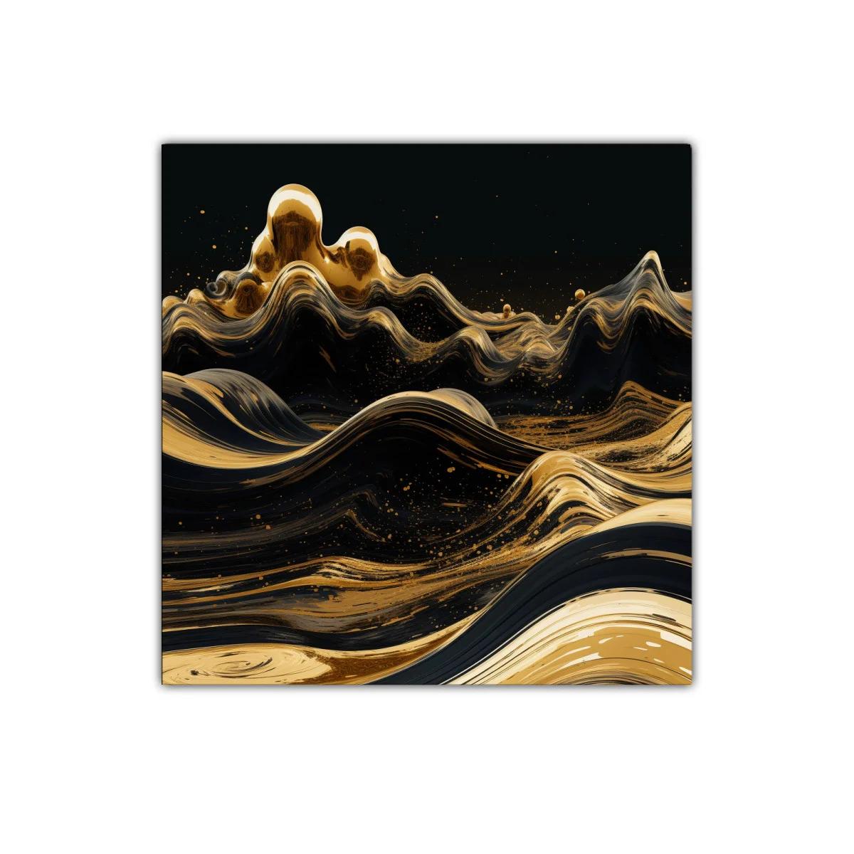 Cuadro abstracto con olas doradas sobre fondo negro — miniatura 1