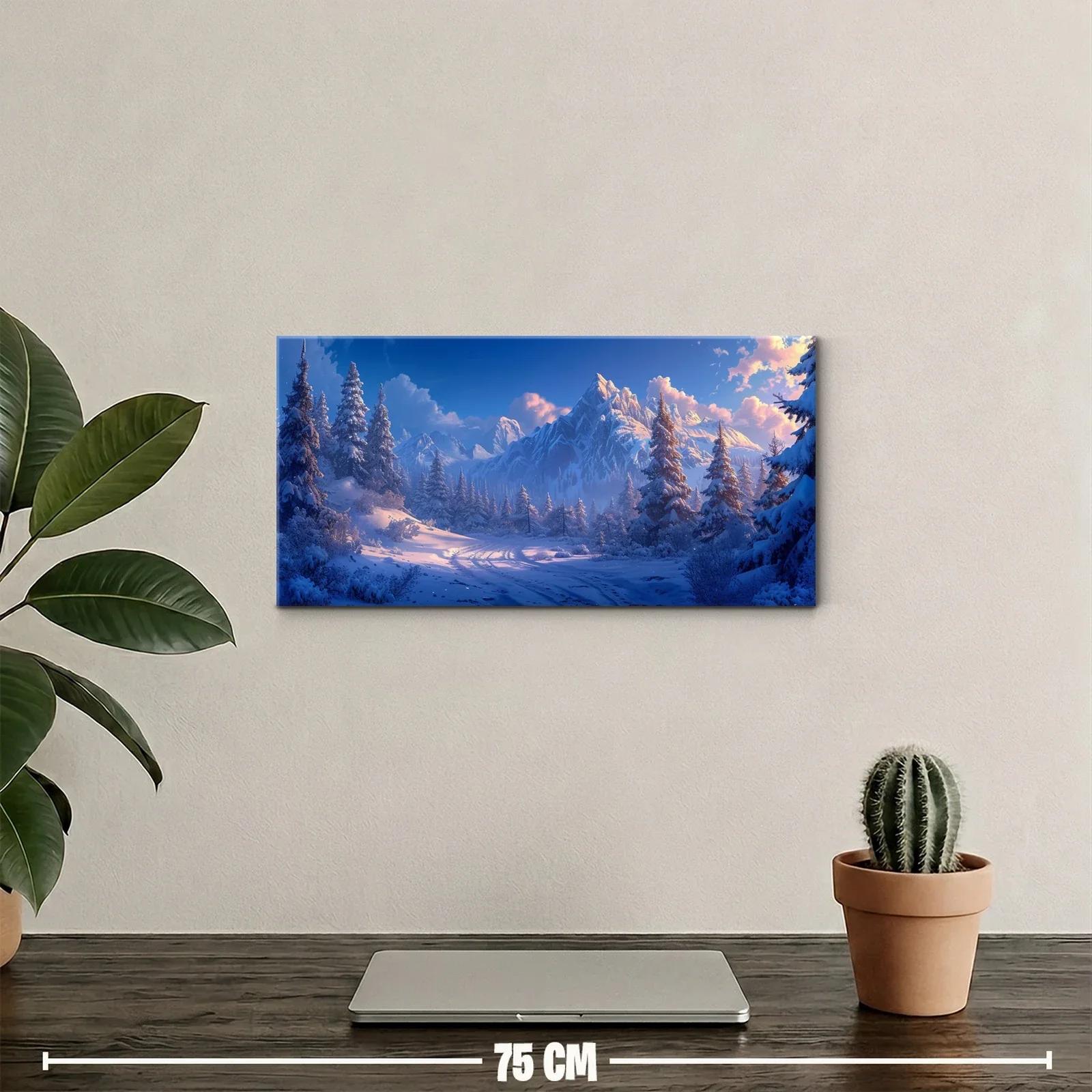 Cuadro montañas nevadas con pinos y sendero en la nieve — miniatura 2