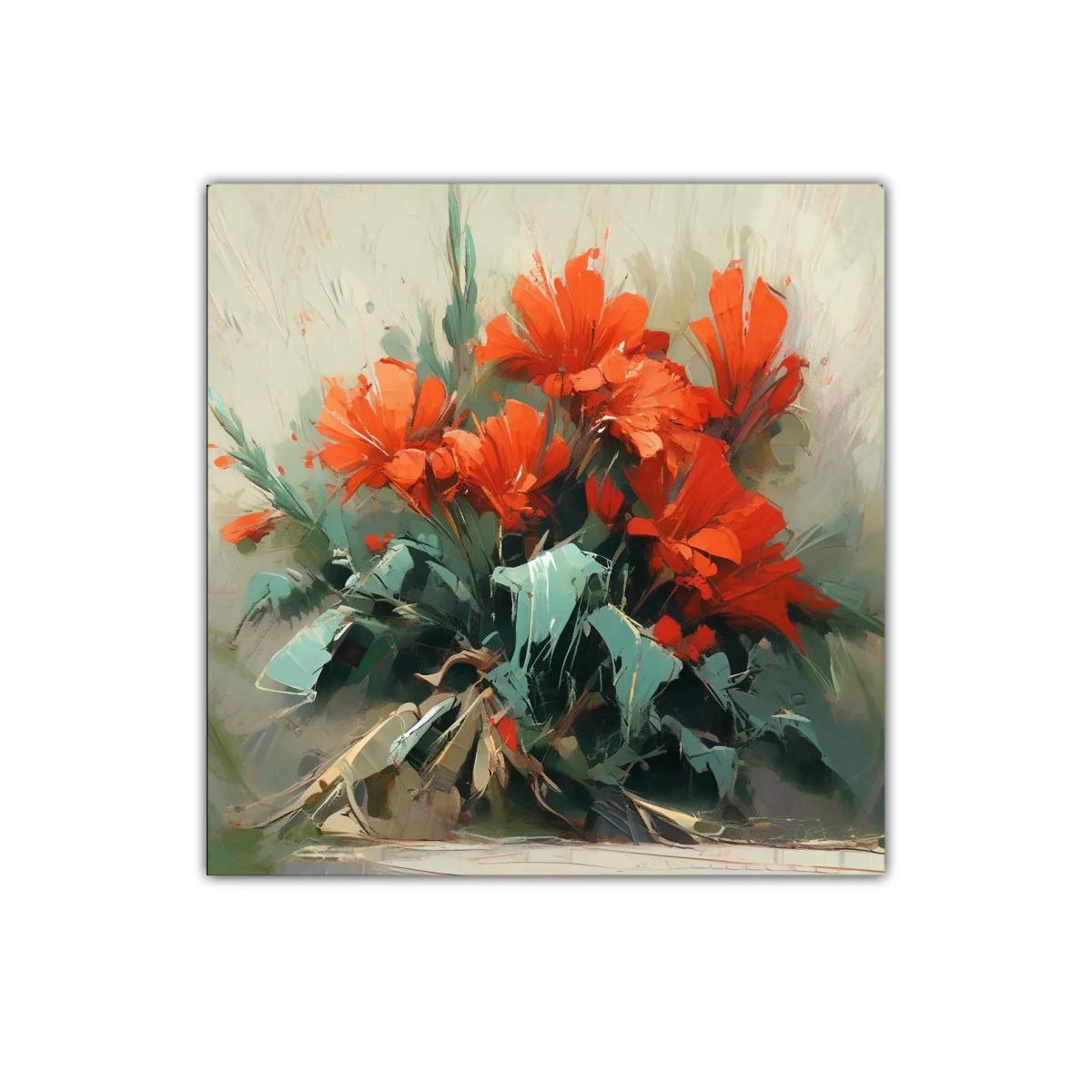 Cuadro decorativo con ramo de flores rojas y hojas verdes