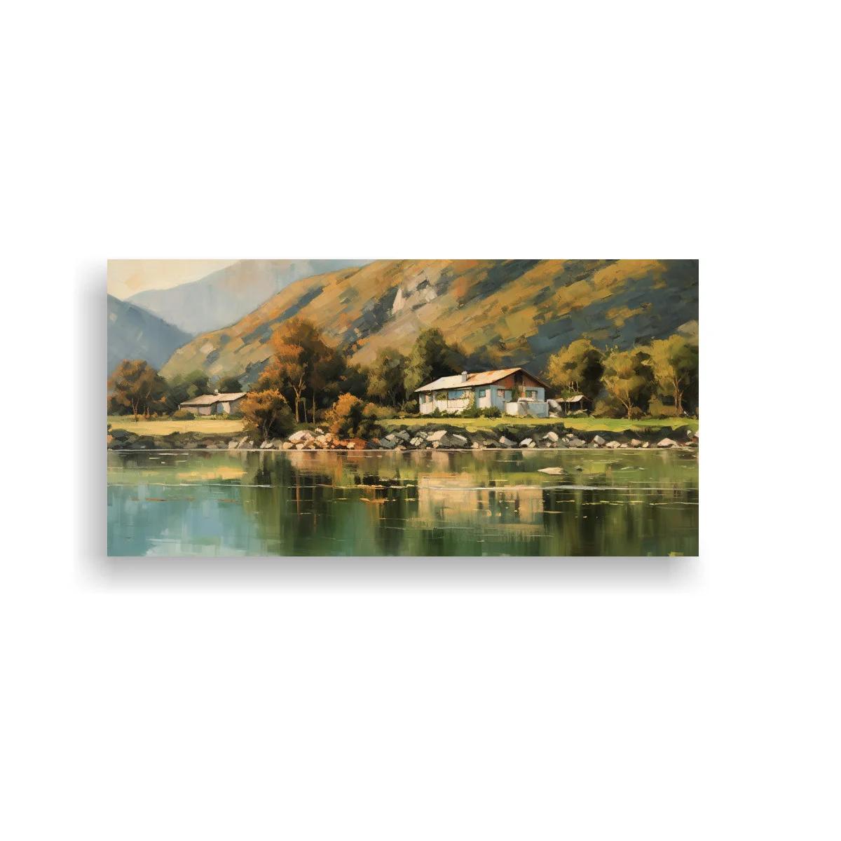 Cuadro casa blanca junto al lago con techo oscuro