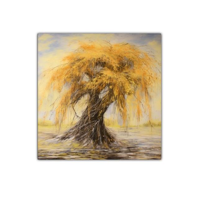 Cuadro árbol otoñal con ramas doradas y fondo suave