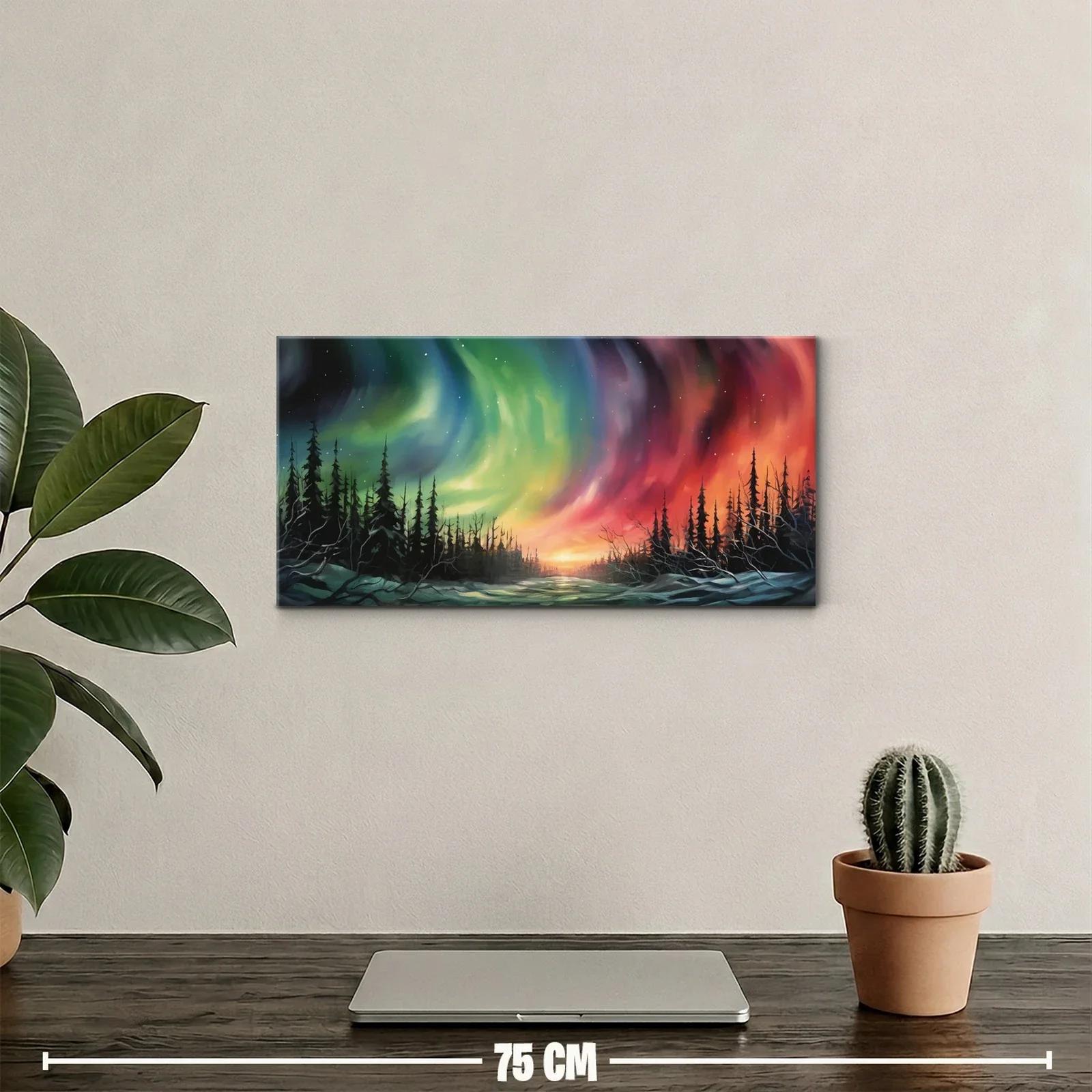 Cuadro aurora boreal sobre bosque de pinos en paisaje panorámico — miniatura 2