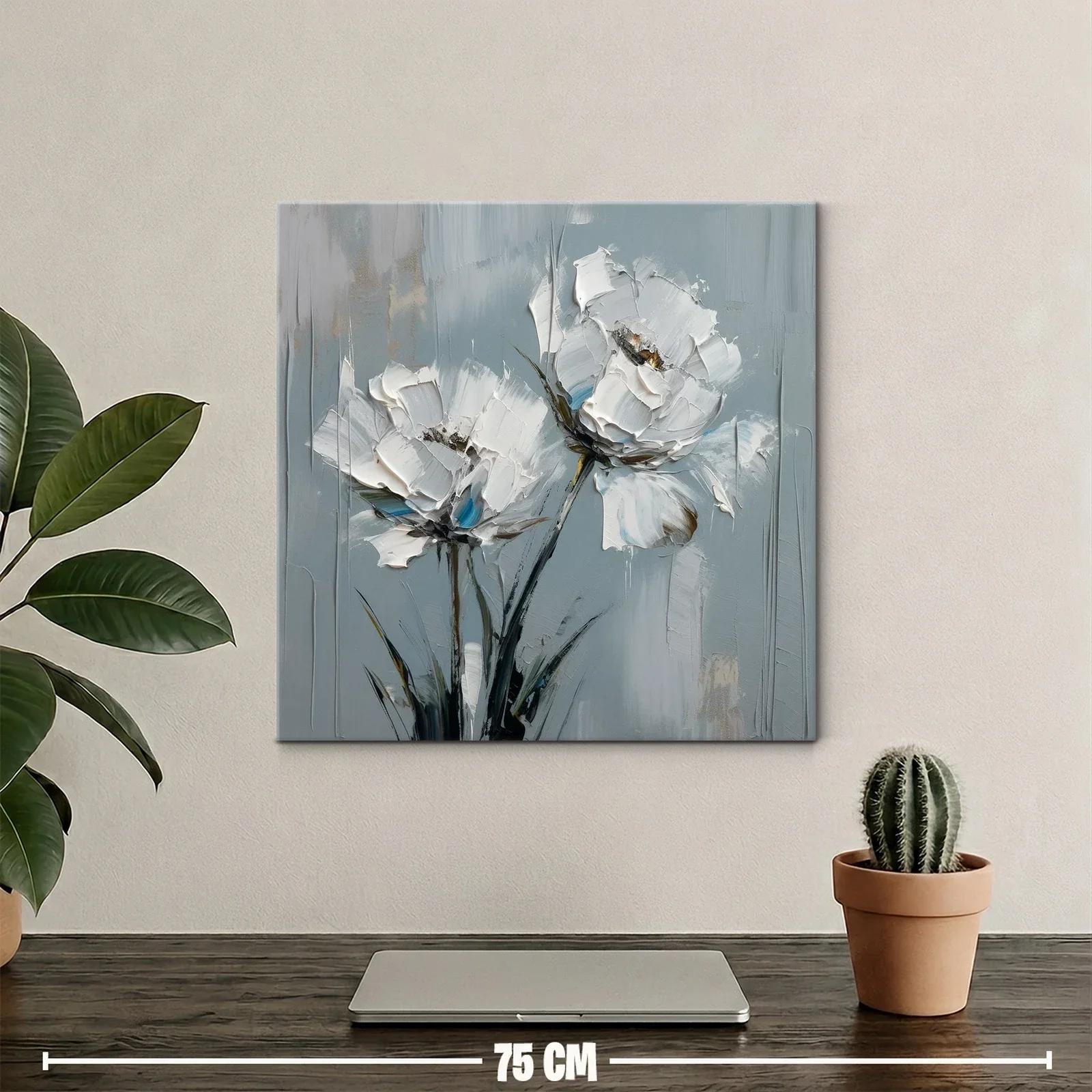 Cuadro moderno con flores blancas sobre fondo gris azulado — miniatura 2