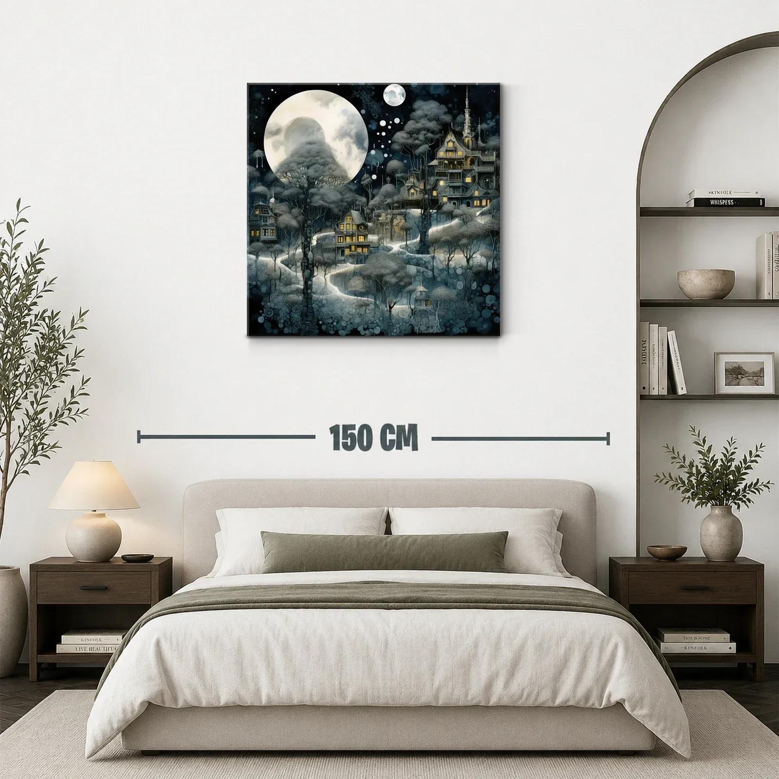 Pueblo encantado bajo la luna llena y árboles del bosque — miniatura 3