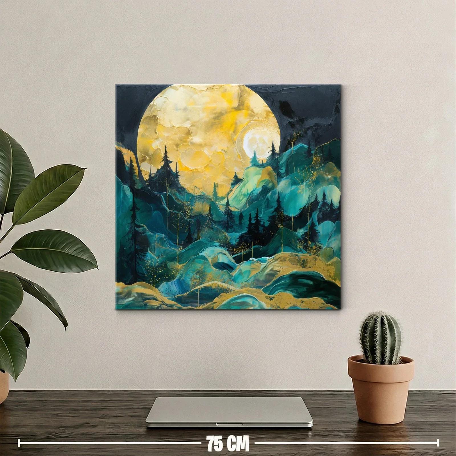 Paisaje Nocturno con Luna y Bosque en Tonos Dorados y Verdes — miniatura 2