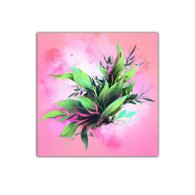 Cuadro decorativo con hojas verdes sobre fondo rosa vibrante
