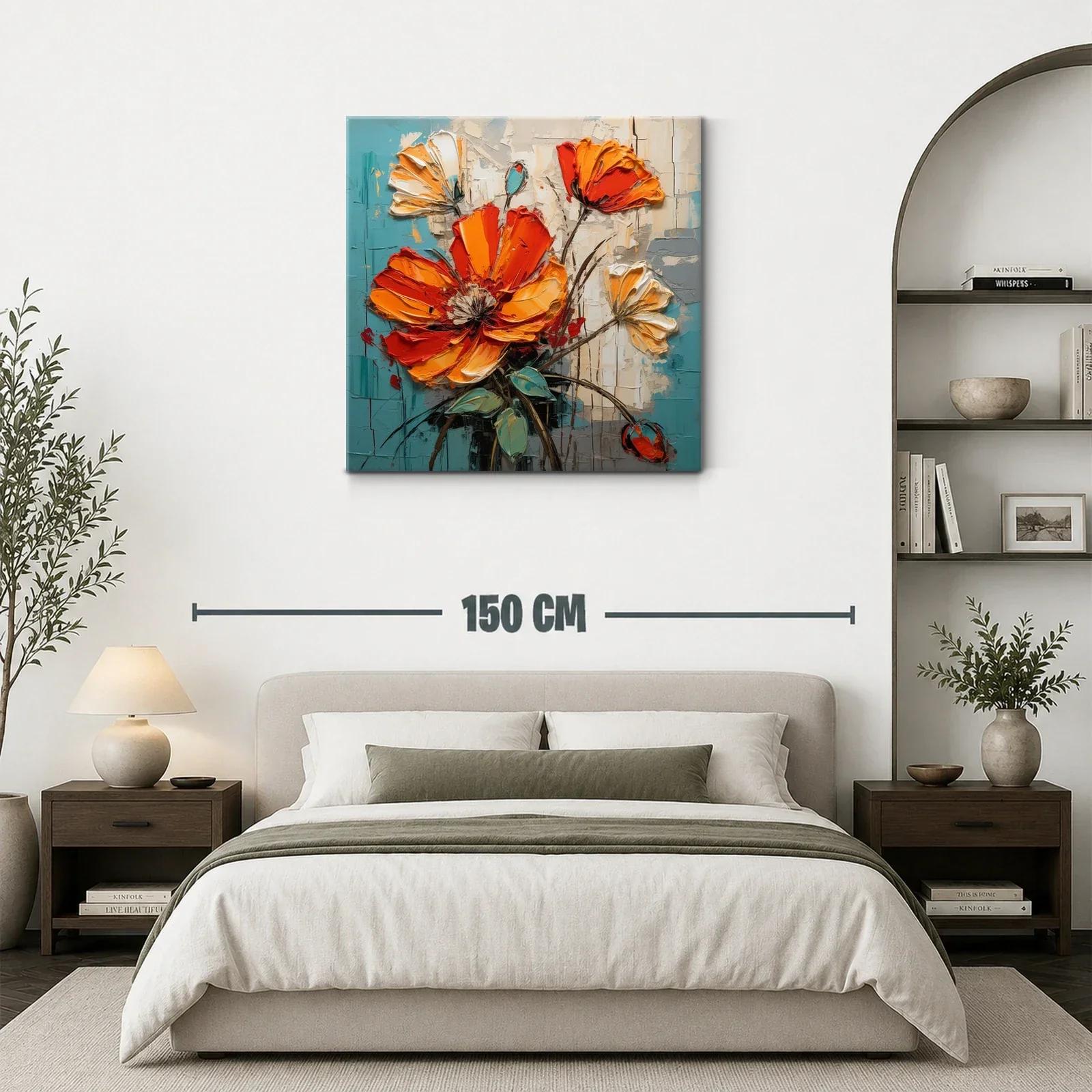 Cuadro floral con vibrantes tonos naranja y turquesa — miniatura 3