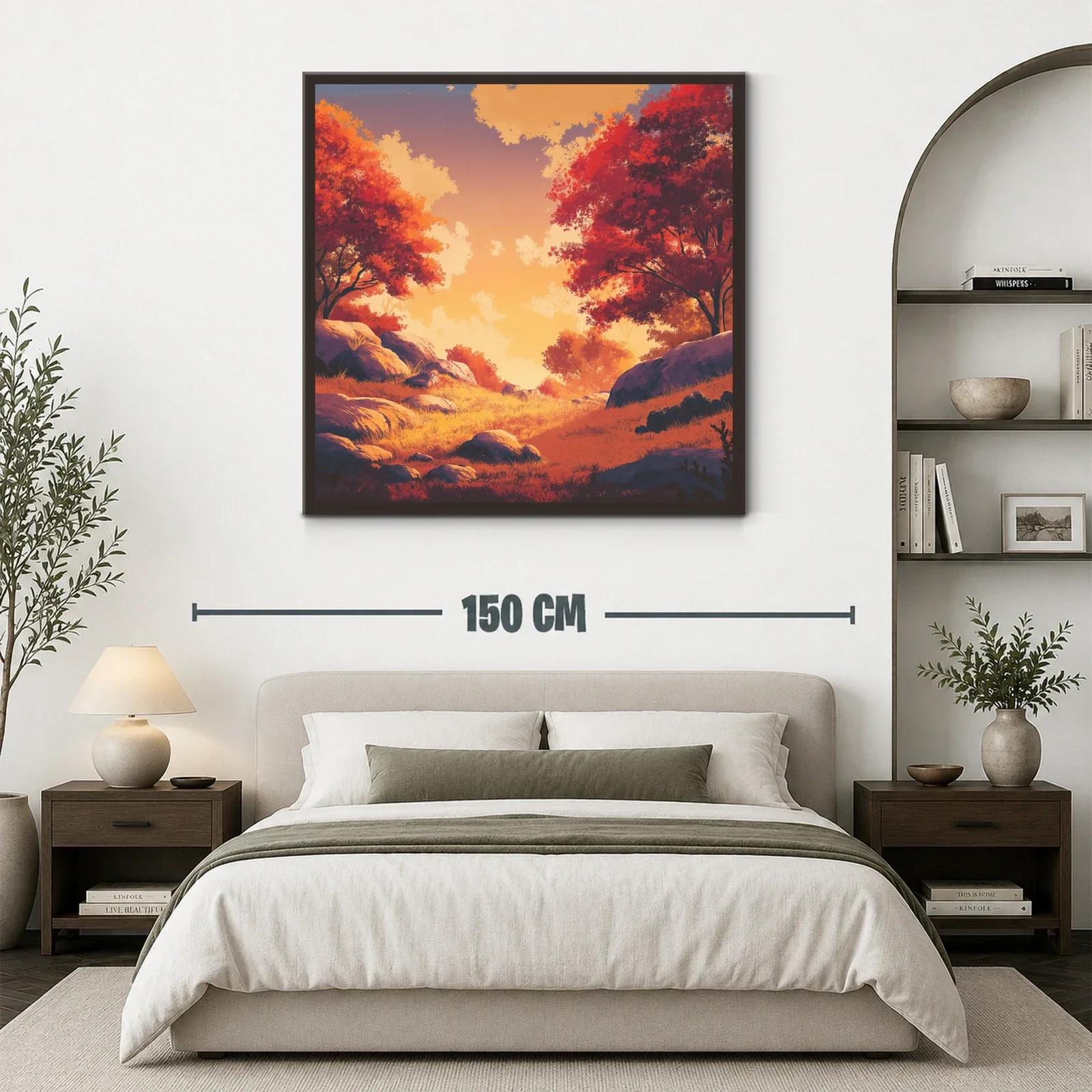 Paisaje otoñal con luz cálida y árboles rojos intensos — miniatura 3