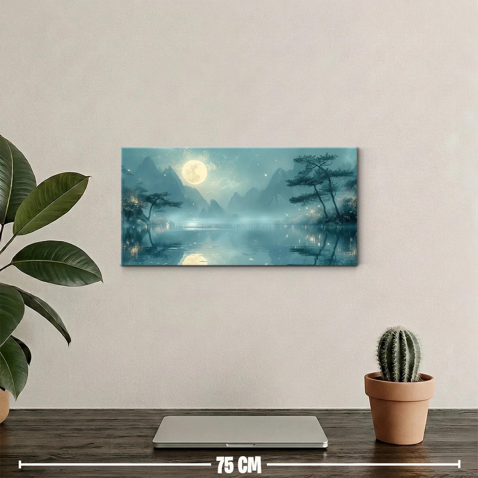 Cuadro paisaje lacustre nocturno con luna sobre el horizonte — miniatura 2