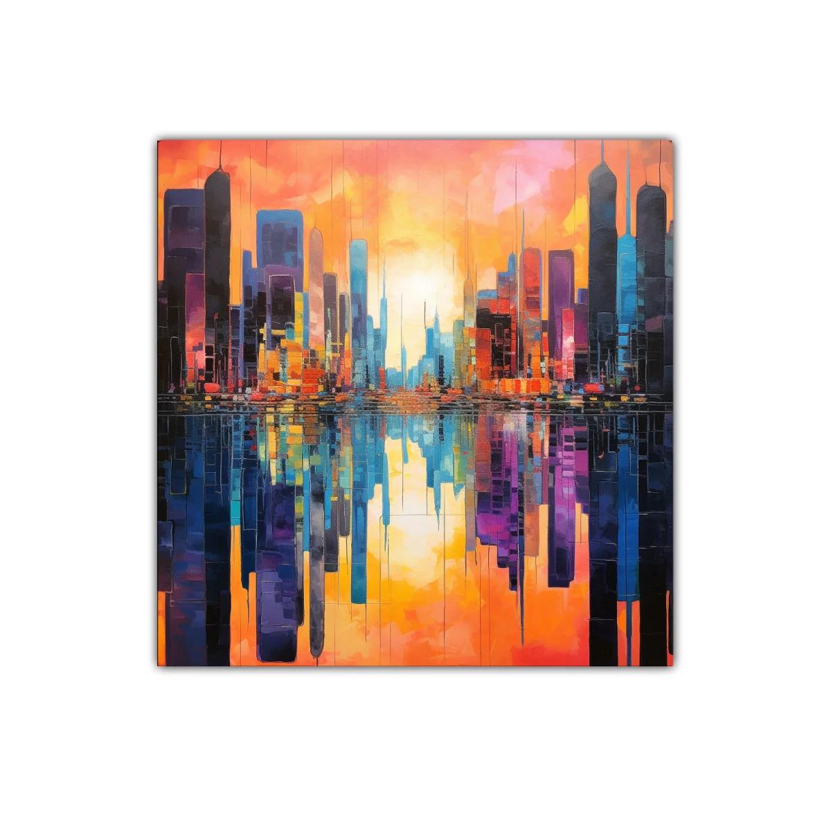Atardecer vibrante en ciudad reflejada en agua — imagen principal