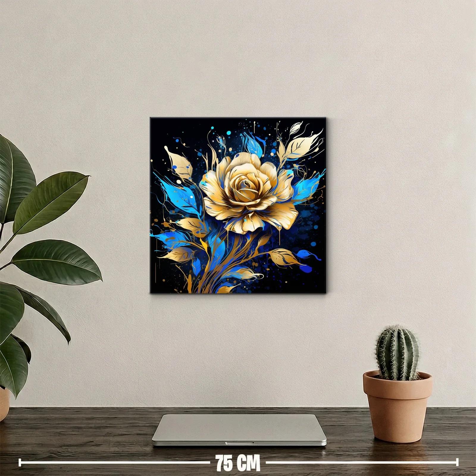 Rosa dorada con hojas azules sobre fondo oscuro — miniatura 2