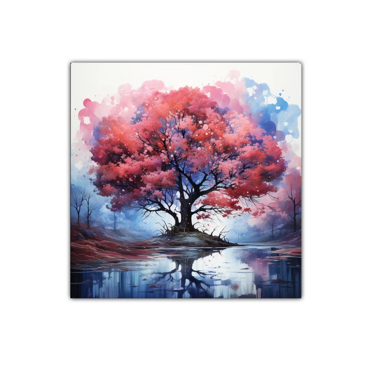Árbol rojo reflejado en lago sereno con tonos azules — imagen principal