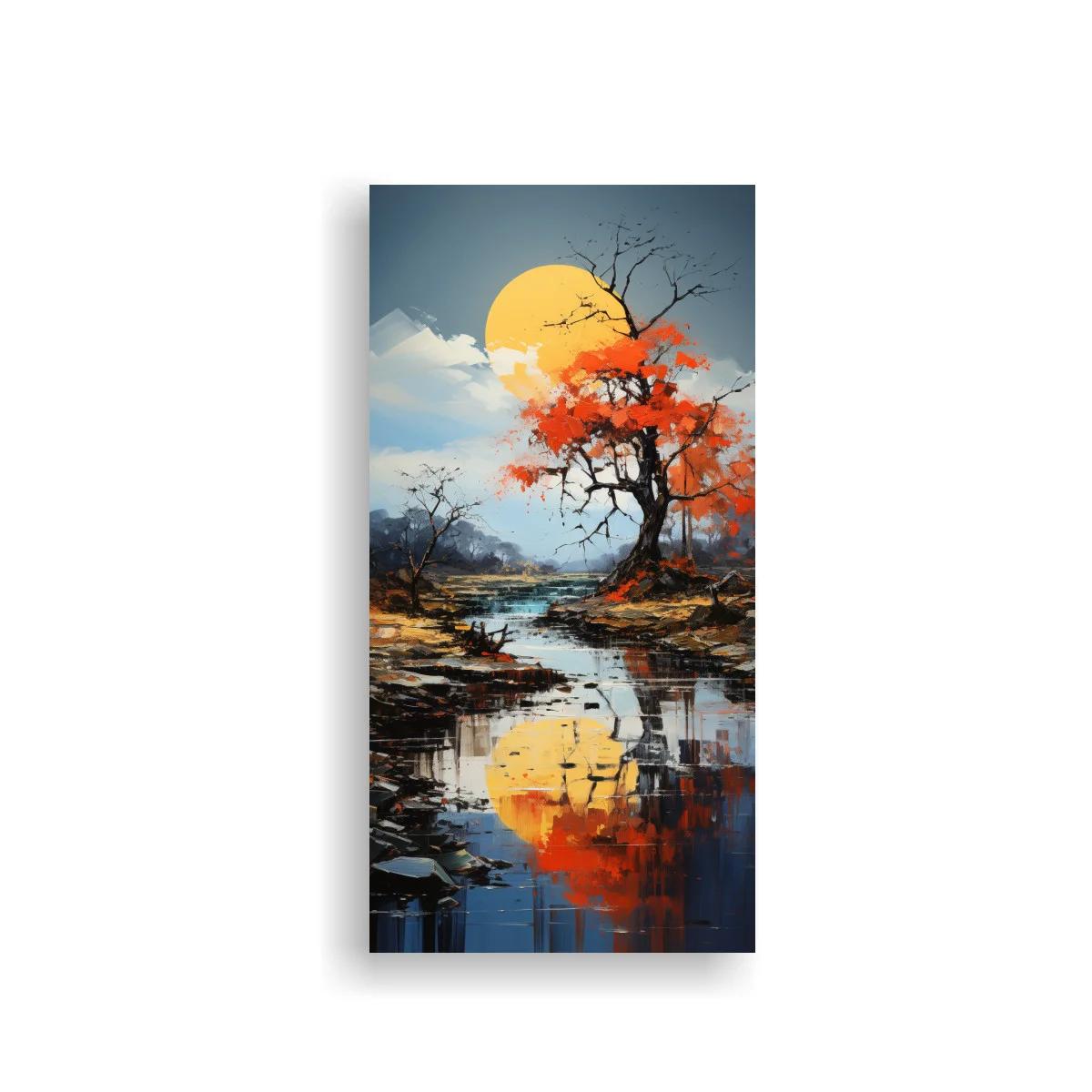 Cuadro árbol otoñal con reflejo y sol grande — imagen principal