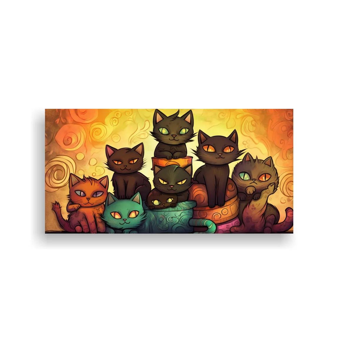Cuadro grupo de gatos sobre pedestales con fondo de espirales