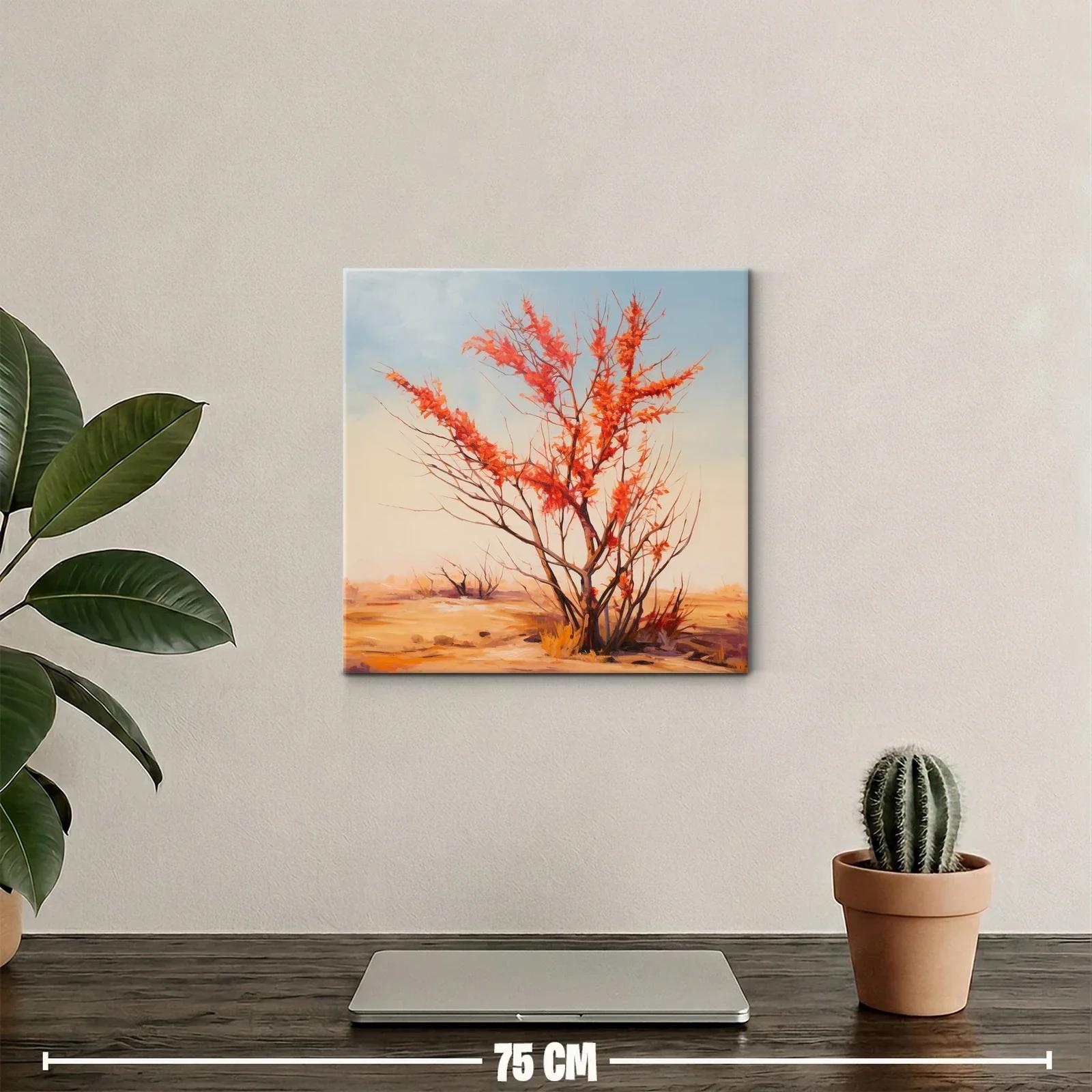 Árbol otoñal con hojas rojas sobre paisaje cálido — miniatura 2