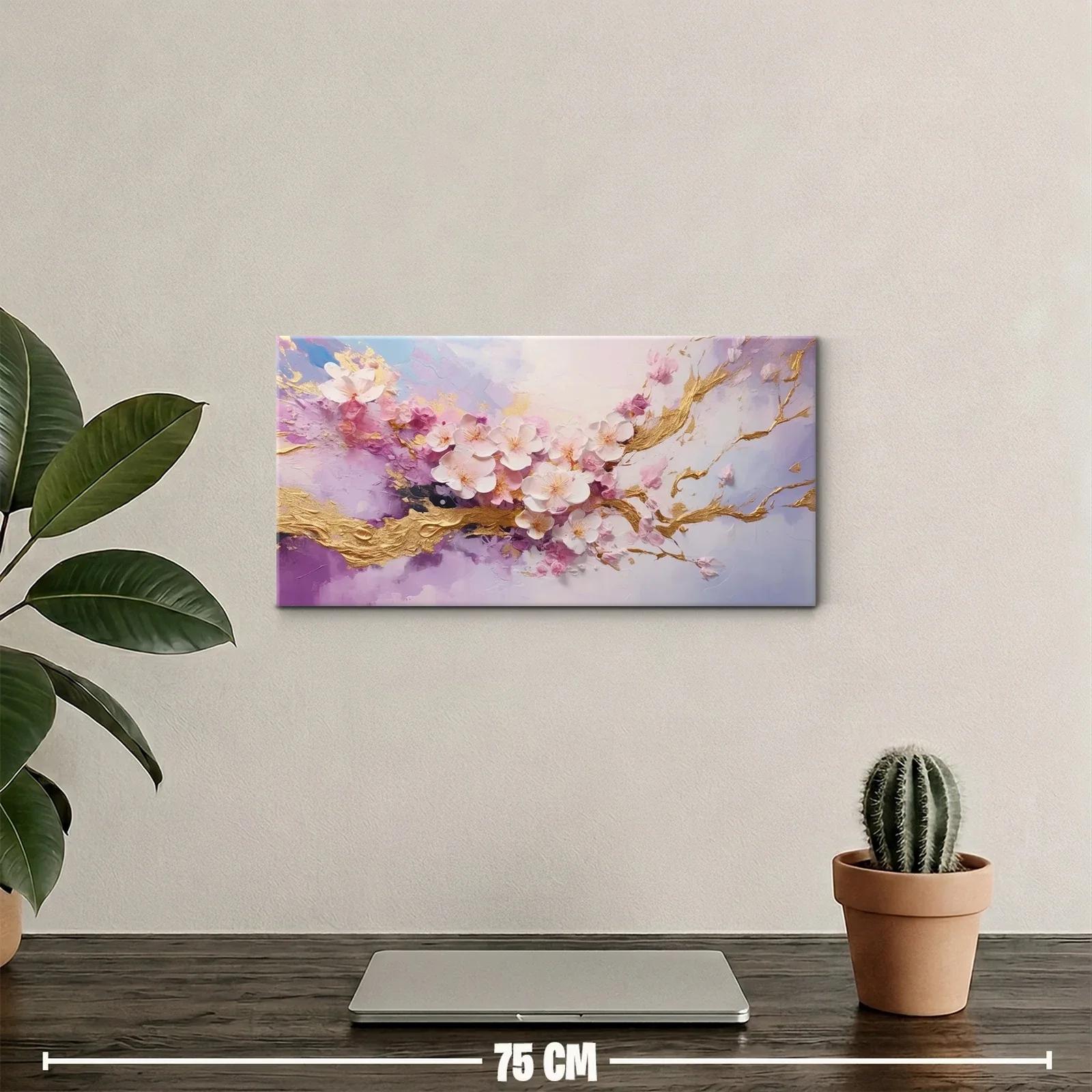 Cuadro rama de flores de cerezo con textura dorada — miniatura 2