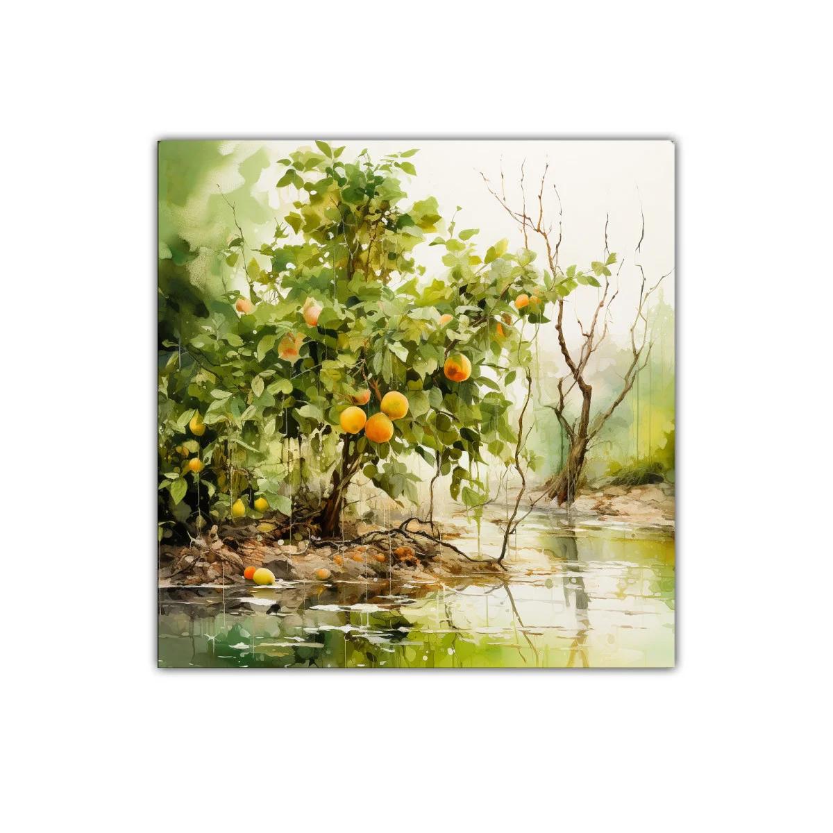 Cuadro paisaje natural con árboles y frutos en tonos verdes y naranjas — miniatura 1