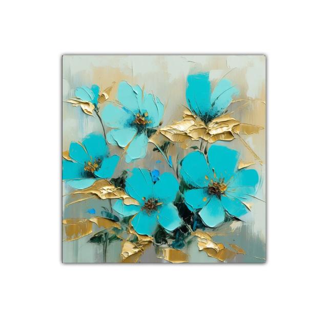 Cuadro floral con tonos turquesa y dorados brillantes