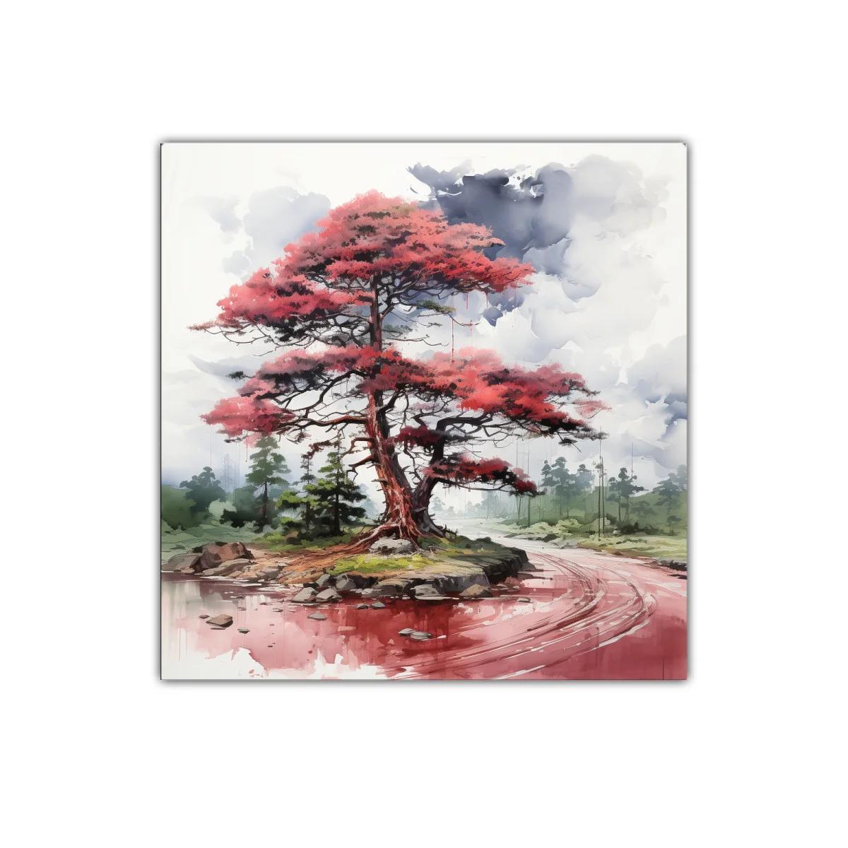 Árbol rojo junto al río en paisaje tranquilo y etéreo — imagen principal