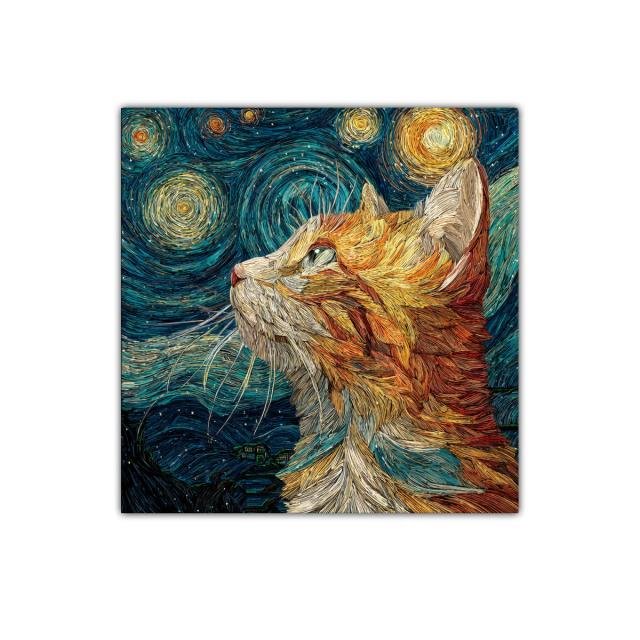 Gato mirando el cielo estrellado con textura vibrante