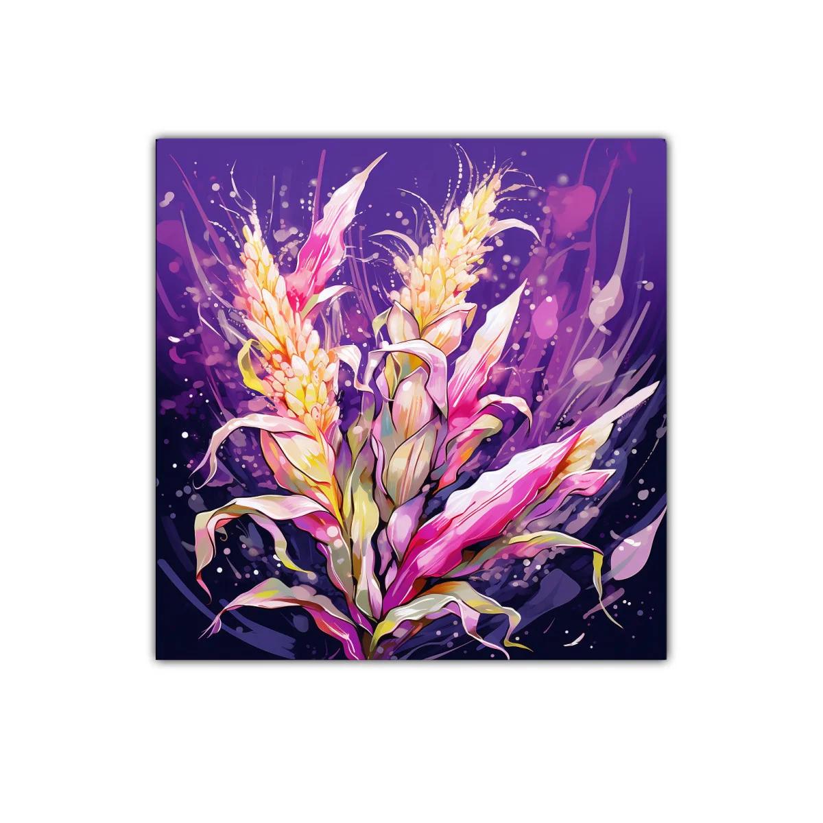 Cuadro decorativo con flores en tonos vibrantes y fondo púrpura — imagen principal